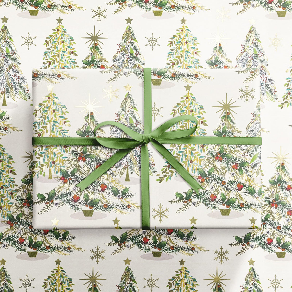 RUSEPEA Luxury Christmas Tree Wrapping Paper Roll, Mini Roll, Elegant Gold Foil Xmas Tree Gift Wrap Paper for Holiday Gifts, Party, DIY Crafts (17in x 16.4ft) RUSPEPA