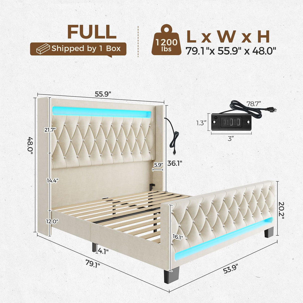 Rolanstar Full Bed Frame with LED Light and Charging Station, Upholstered High Headboard and Footboard, Wood Slats, Noise Free, Easy Assembly, Beige Rolanstar