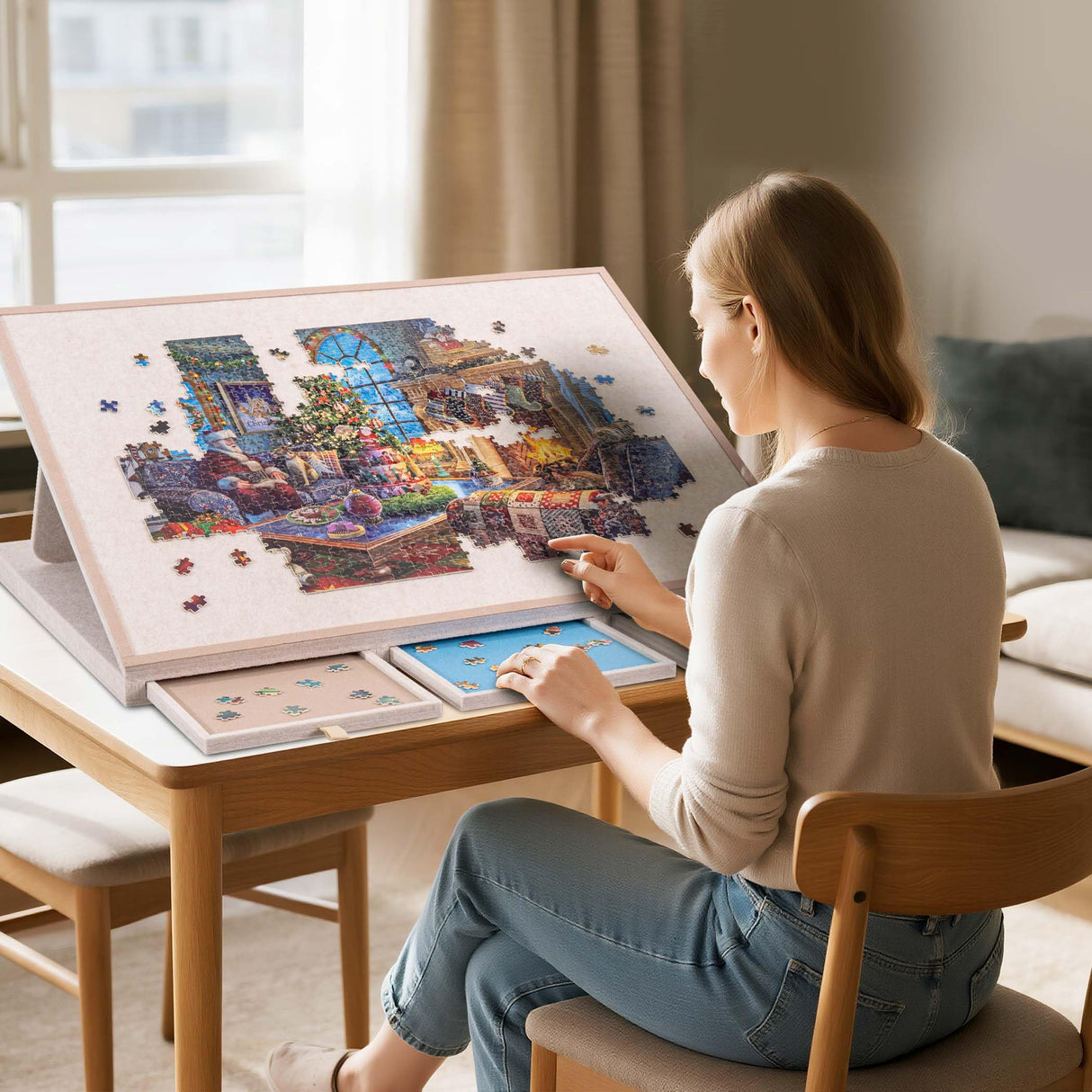 Yesday 1500 Piece Jigsaw Puzzle Board with Cover with Cover, 3-Tilting-Angle Puzzle Plateau, Super Lightweight Portable Felt Puzzle Board with 6 Sorting Yesday