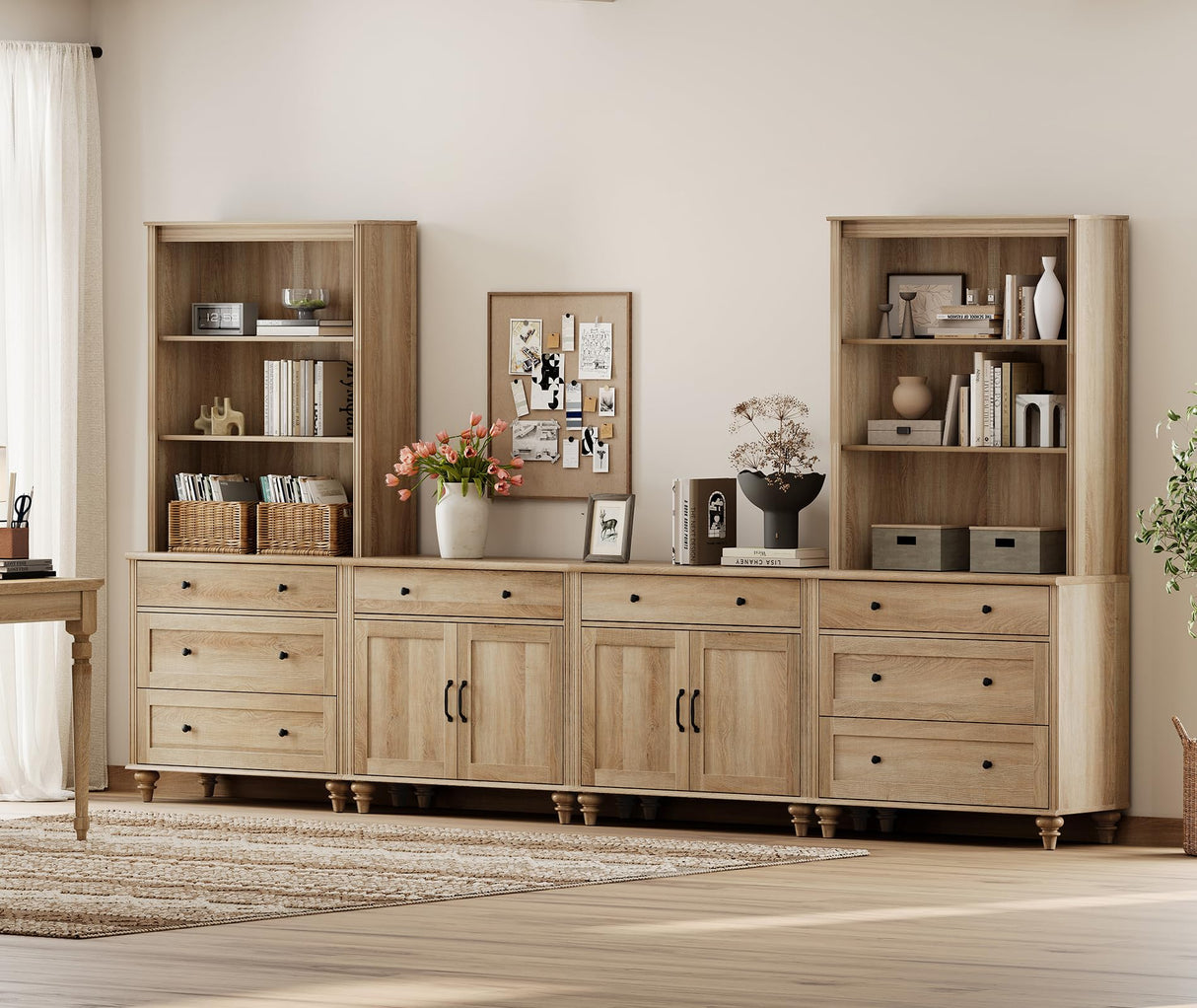 WAMPAT Entertainment Center with Bookshelves for TVs up to 75", Farmhouse Wall Unit TV Stand with Doors & Drawer, Media Console Table for Living Room, Bedroom & Home Theater, Oak WAMPAT