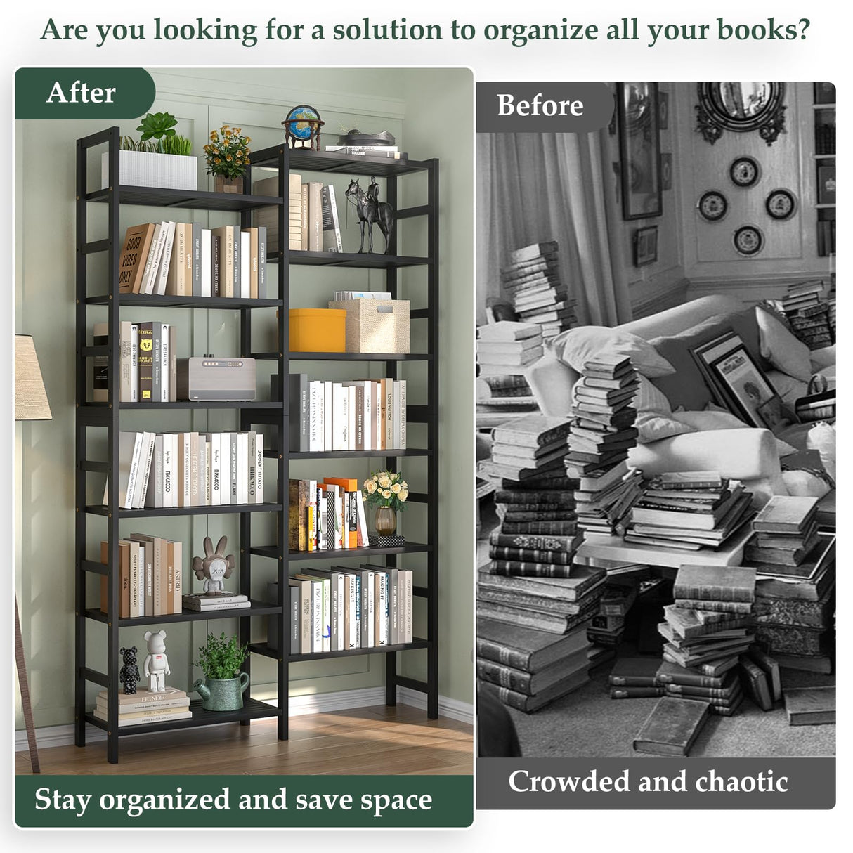 Homykic Double Wide Bamboo Bookshelf Black, 6-Tier Large Open Bookcase with 12 Display Shelves, 6ft Tall Freestanding Book Shelf for Home Office, Bedroom, Living Room, Plants Homykic