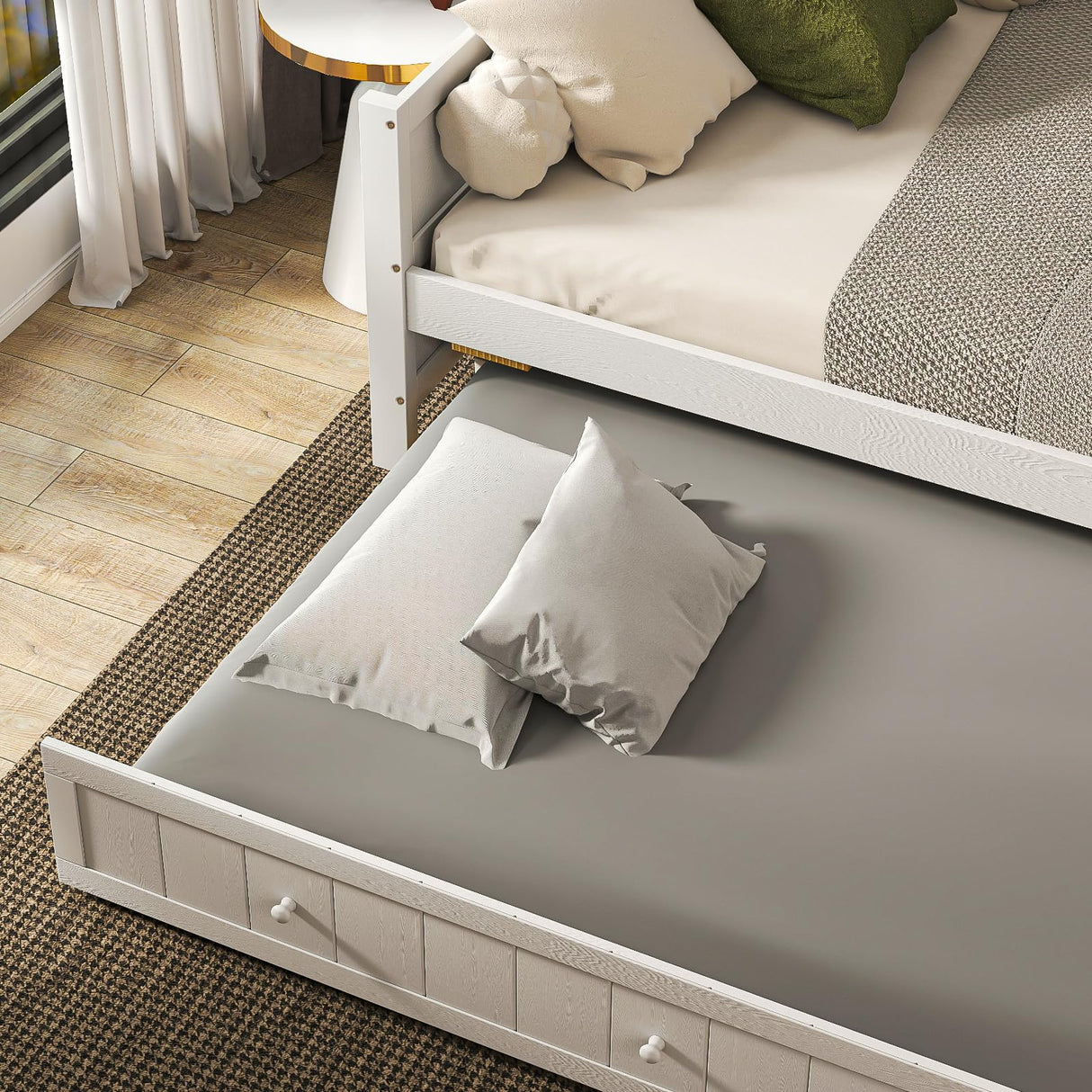 Sweetcrispy Twin Size Day Bed Frame with Trundle, Integrated Headboard & Armrests, Space-Saving Trundle Bed for Living Room, Bedroom, Guest Room, Sturdy Wood Construction for Adults and Kids, White Sweetcrispy