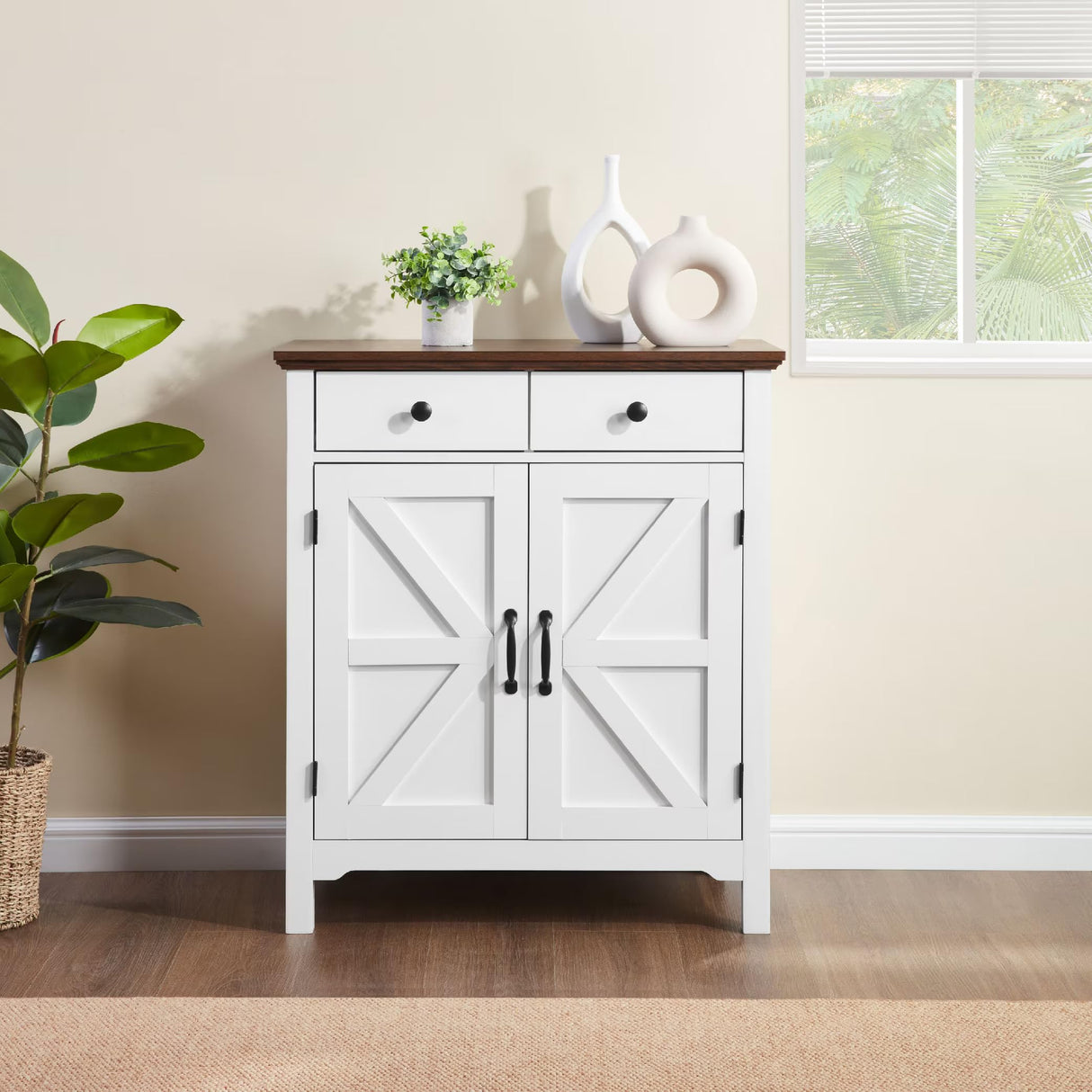 Farmhouse Buffet Cabinet with 2 Drawers & Adjustable Shelf, 2 Barn Door Storage Sideboard for Kitchen, Entryway, Living Room, White eShelf