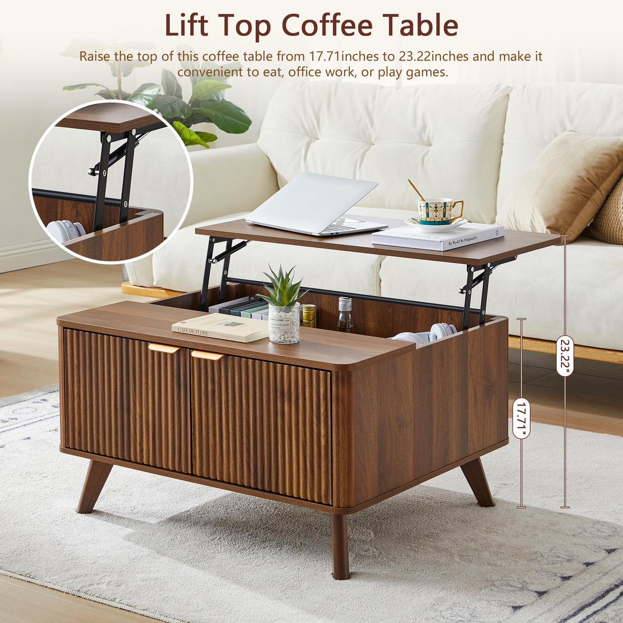 Fluted Lift Top Coffee Table with Large Hidden Compartment, 31.5” Wooden Center Table with Storage, Mid Century Modern Lift Tabletop Coffee Tables for Living Room Home Office, Walnut XUZENEST