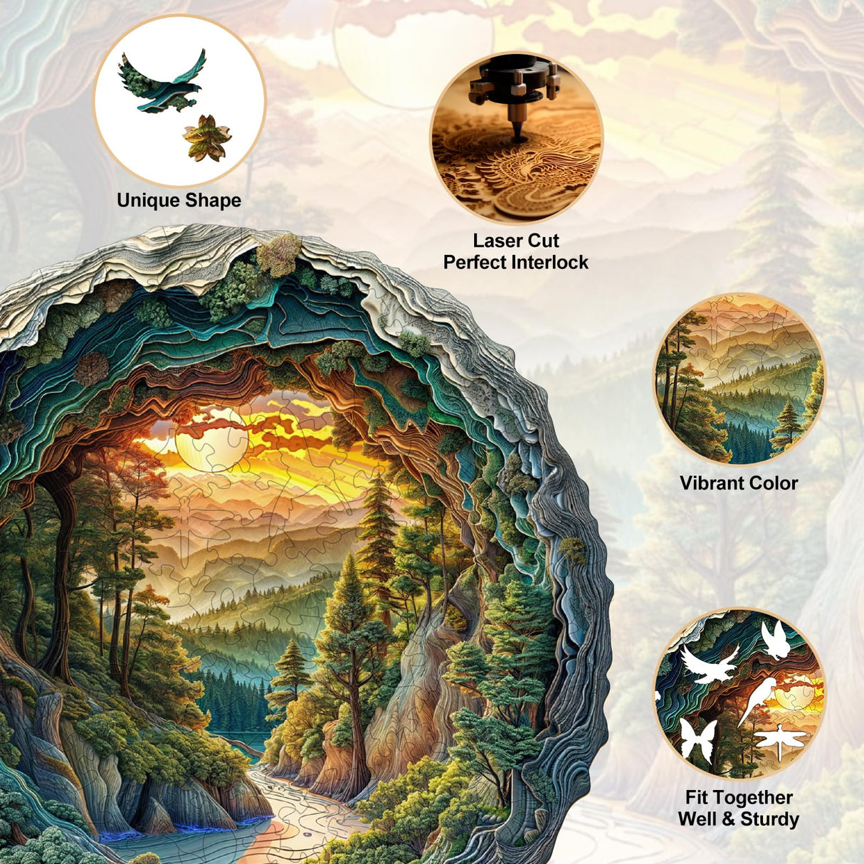 KAAYEE Wooden Puzzles for Adults, 3D Vision Effect Cave Forest Wooden Jigsaw Puzzle Unique Shape Wood Puzzle Adult, 3D Effect Flat Puzzle Birthday Family Game (S-8.5 * 8.4in-100pcs) KAAYEE