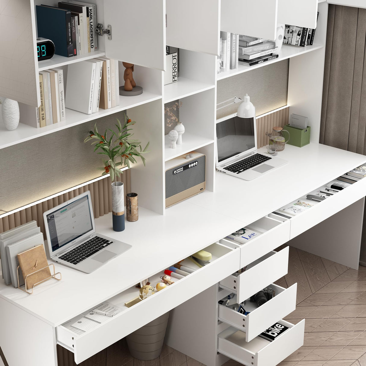 Homsee Modern 2-in-1 White Computer Desk with Tall Bookshelf for Two, 94.5" Office Writing Study Table with Ample Storage Homsee