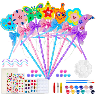 21 Sets Princess Fairy Wands Kit, Make Your Own Magical Wand Include Unfinished Wooden Fairy Wands Bow Gem Stickers Ribbons Paint for Decorate Art DIY Magical Show Party Supplies Princess Cosplay