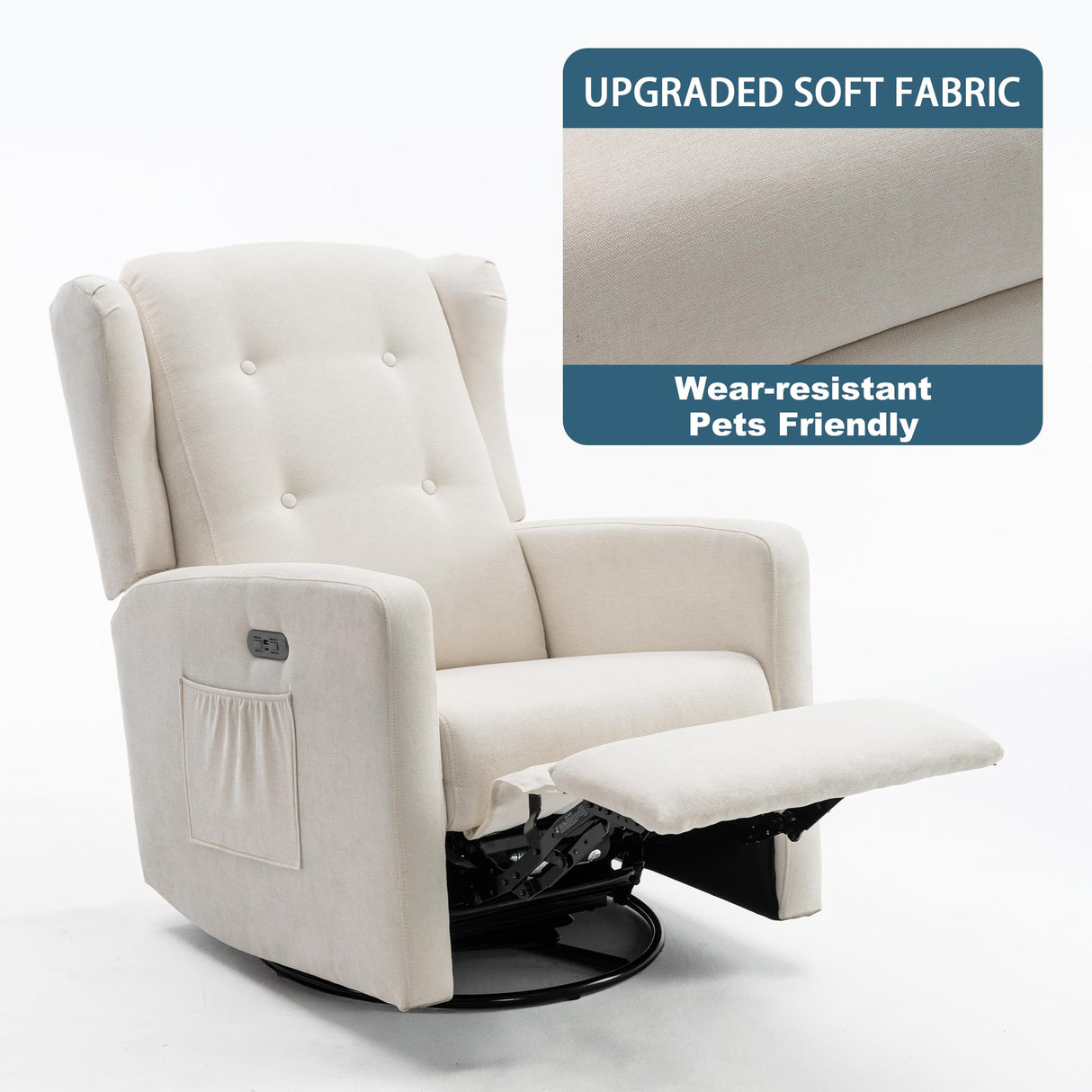 Ketaiyou Power Swivel Rocking Recliner Chair, High Back Electric Rocker Nursery Glider Chair, USB and Type-C Ports, Upholstered Fabric Reclining Single Sofa Chair for Living Room (Beige) Ketaiyou