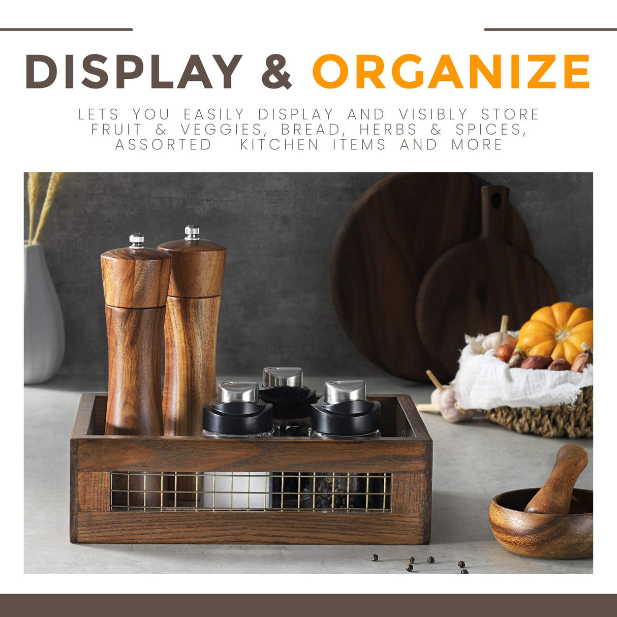 NAGAWOOD Wooden Nesting Countertop Baskets Set of 3 for Kitchen, Bathroom, Pantry,Wooden storage organizer For Fruit, Vegetables,Wooden Crate with handles,Decorative Walnut Wood and Metal Wire NAGAWOOD