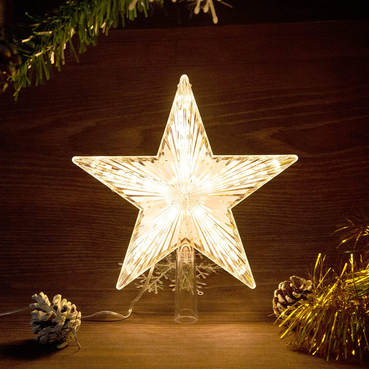Christmas Tree Topper Star Warm White Light Christmas Tree Decor for Christmas Holiday Home Fit for General Size Xmas Tree, 8.7 Inch LAWOHO