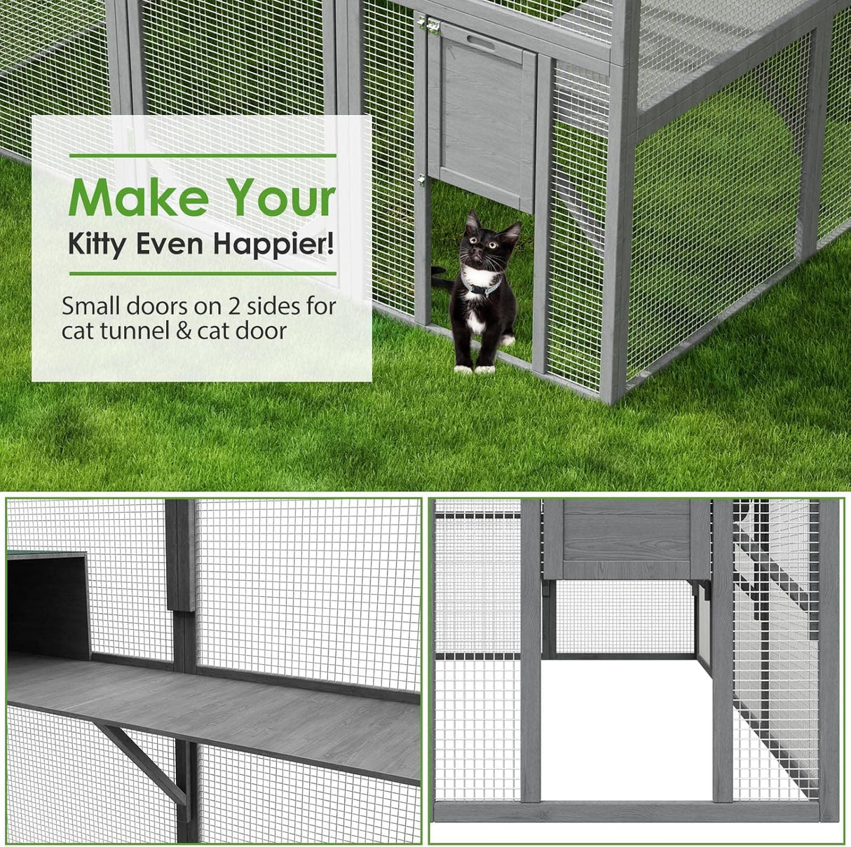 Lovinouse 43ft² Large Outdoor Cat House Catio, Luxury Wooden Cat Run Enclosure Walk in Kitten Condo with 2 Doors, 2 Playpen & Hiding Houses, Bridges, Walks, Roof Cover,Grey Lovinouse