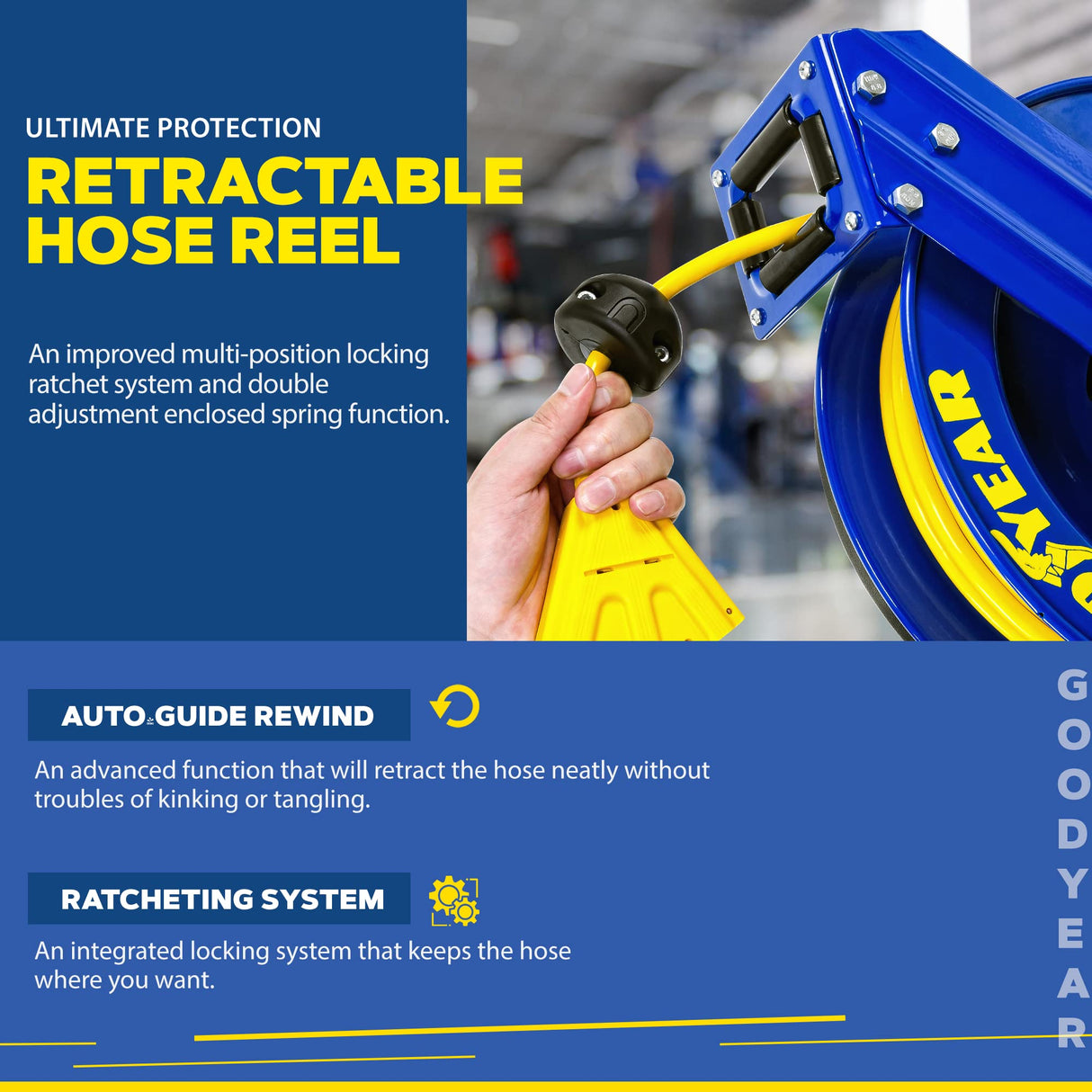 Goodyear Extension Cord Reel Retractable 14AWG x 100' Feet 3C SJTOW Cable Triple Tap Connector Power Rating 125 Volt AC 13 Amp 1625 Watt Industrial Steel Single Arm Goodyear