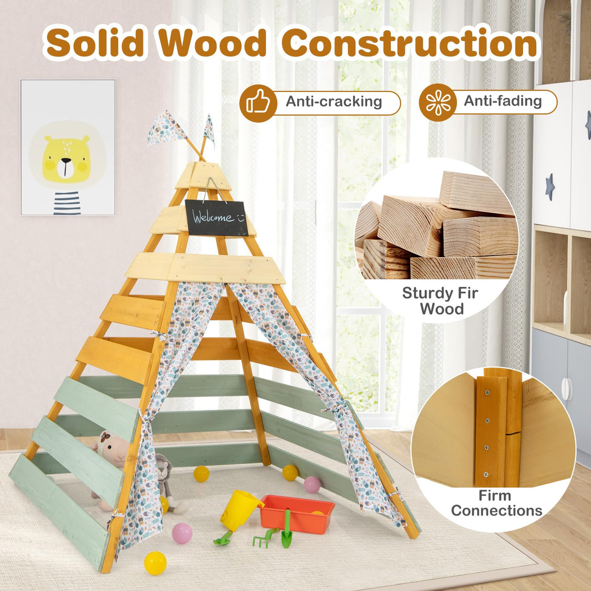 Costzon Kids Tent, Large Wooden Indoor Outdoor Triangle Hideaway Playhouse with Machine Washable Flags, Removable Chalkboard & Door Curtains, Teepee Tent for Kids Children 3-8 Years Old Costzon