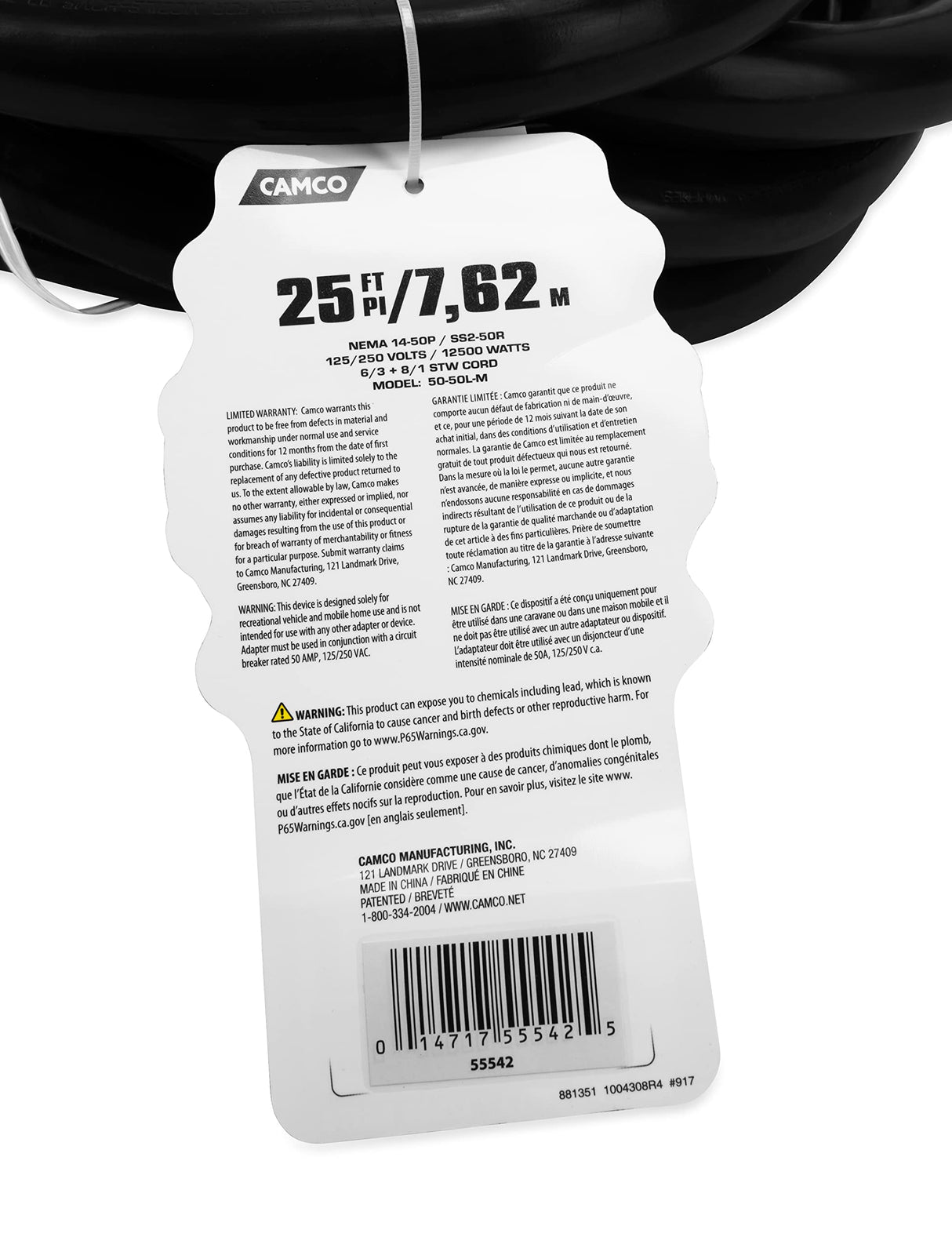 Camco Power Grip 25-Ft 50 Amp RV Extension Cord - Rated for 125/250 V/12,500 W - Features Copper 6/3 + 8/1-Gauge Wires for Superior Conductivity & Coated w/Heat-Resilient PVC (55542) Camco