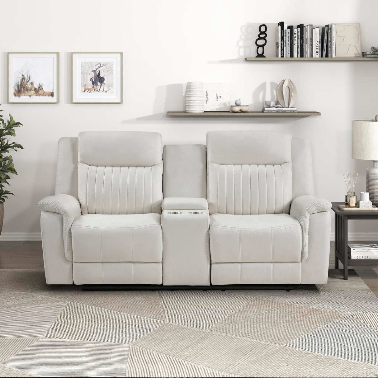 Lexicon Manual Double Reclining Loveseat, Polished Microfiber Manual Wall Hugger Loveseat Recliner for Living Room, Center Storage Console/Cup Holders, Easy Assembly, Beige Lexicon