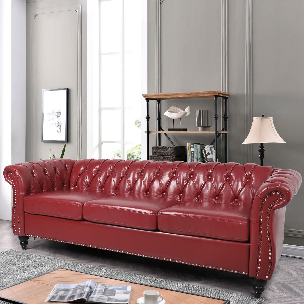 PHOYAL 3 Seater Sofa, Faux Leather Chesterfield Sofa Modern Tufted Couch 3 Seater Large Sofa with Scroll Arms and Nailhead for Living Room, Claret PHOYAL