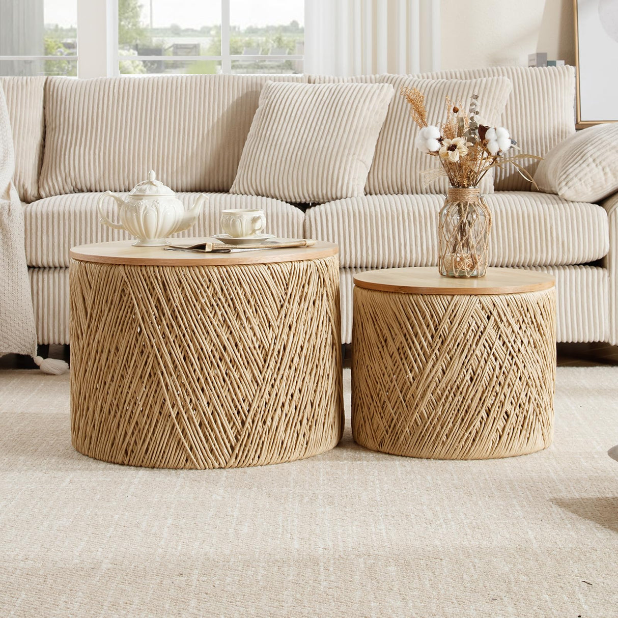 DM Furniture Nesting Coffee Table Set of 2, Natural Round Wooden Coffee Tables Rustic Woven Circle Side/Sofa Table for Small Space Living Room Bedroom Apartment No Assembly Required DM Furniture