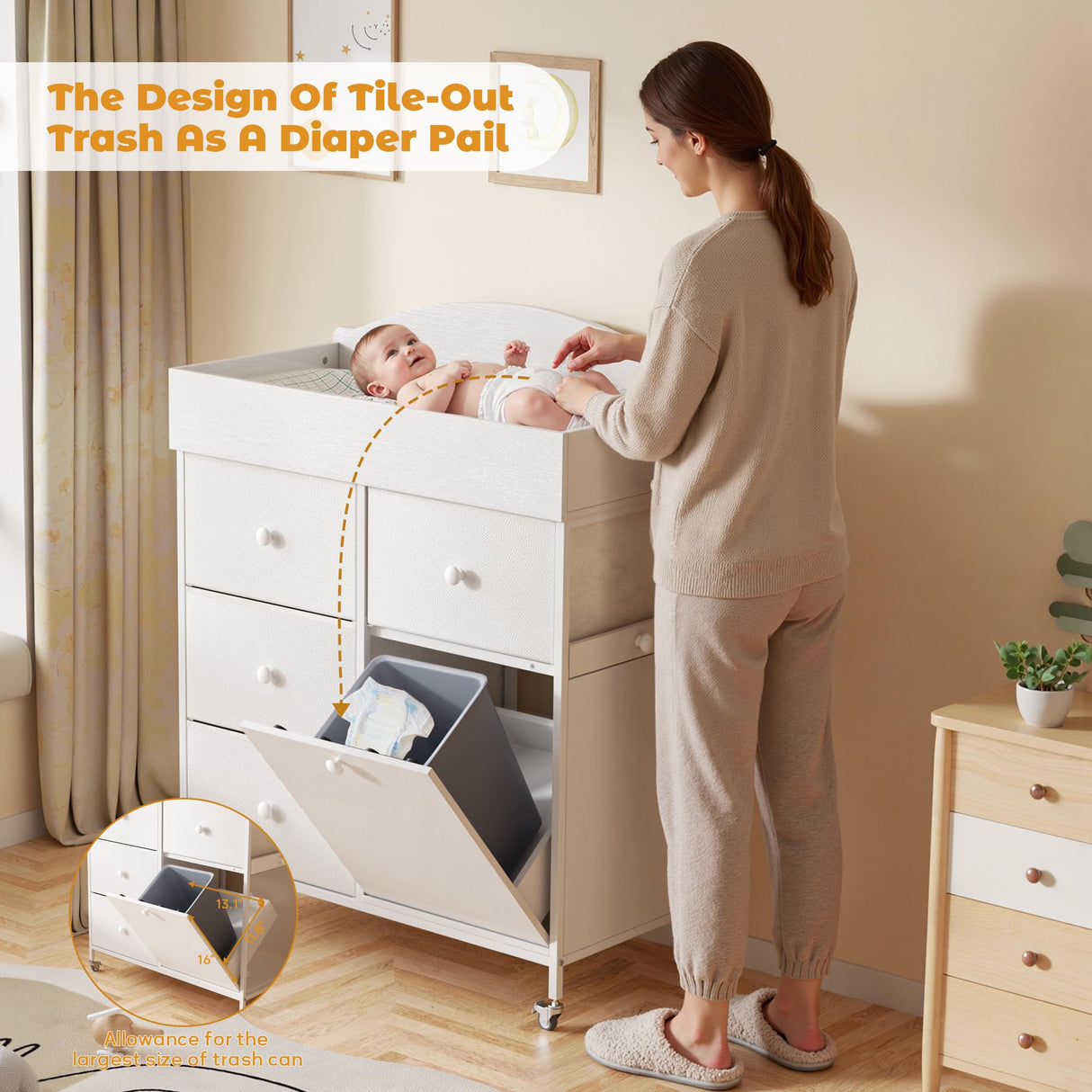 DTK Baby Dresser with Changing Table Top,4-Drawers Changing Table Dresser with Tile-Out Trash Cabinet and Pull-Out Shelf,Diaper Changing Station with Waterproof Pad and Storage for Nursery,White DTK