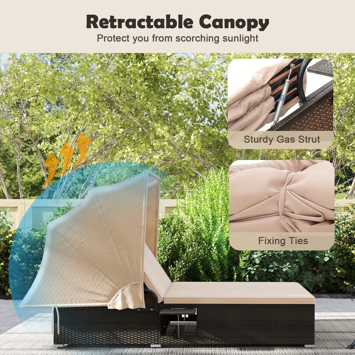 RELAX4LIFE Outdoor Daybed with Retractable Canopy - Wicker Double Chaise Lounge w/6-Position Backrest, 2 Folding Side Trays & Cushions, 2-Seater Loveseat Sunbed for Backyard, Rattan Patio Bed Lounger RELAX4LIFE