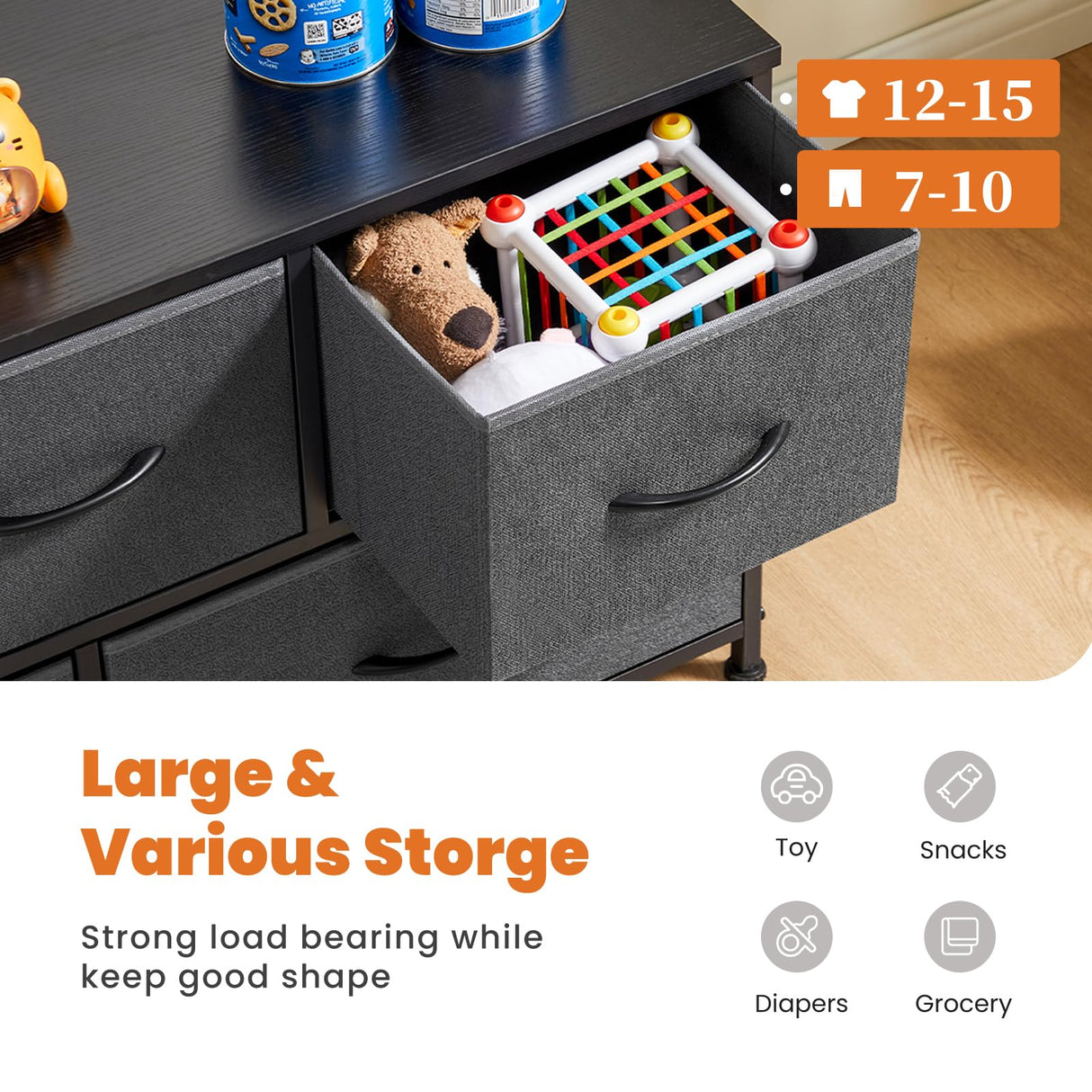 Sweetcrispy Dresser, Dresser for Bedroom Furniture, Storage Drawers, TV Stand Fabric Storage Tower with 5 Drawers, Chest of Drawers with Wooden Top for TV up to 45 inch, for Kids Room, Entryway Sweetcrispy