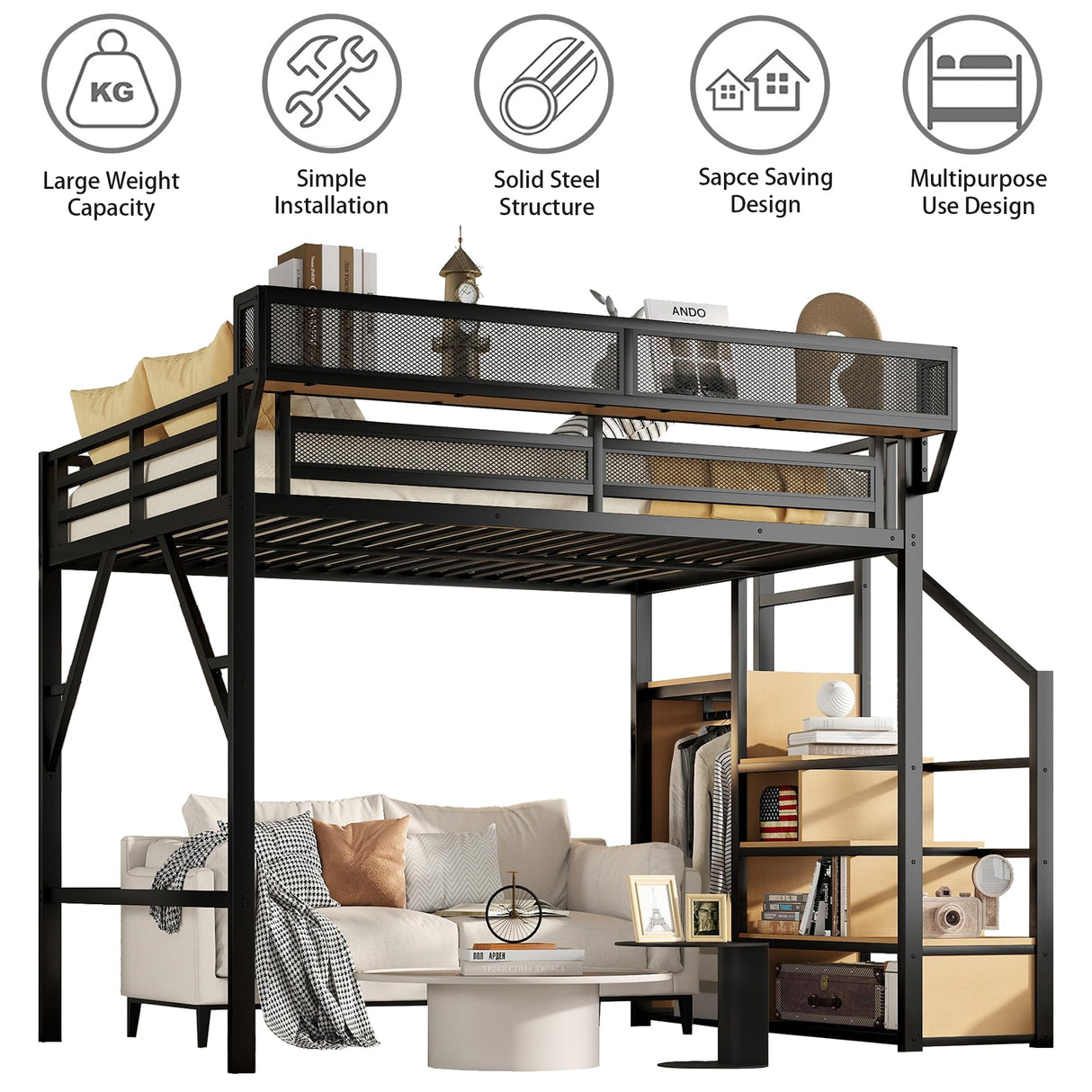 MoproBeti Queen Size Loft Bed Frame for Adults,Metal Lofts Bed Queen with Stairs & Storage Shelves, Heavy Duty High LoftBed with Wardrobe for Teens,Girls Boys, No Box Spring Needed, No Noise, Black MoproBeti