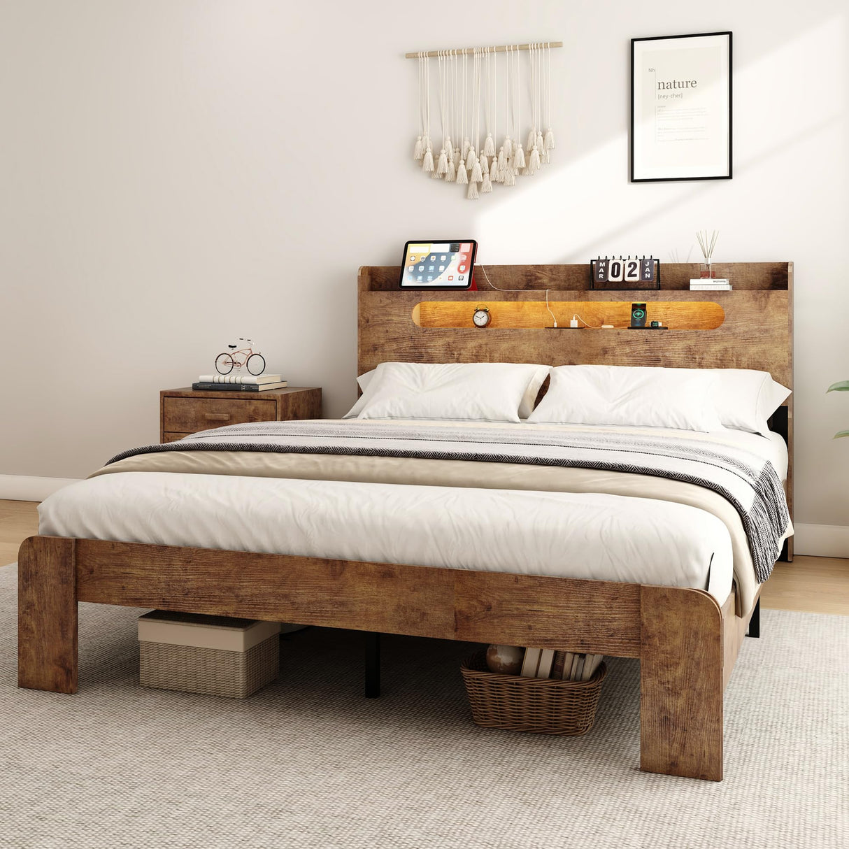 Decoholic Full Size Wooden Bed Frame, Storage Headboard with Charging Station & Led Lights, Solid and Stable, Noise Free,Rustic Farmhouse Sturdy Framework Wood Bedframe, Easy Assembly Decoholic