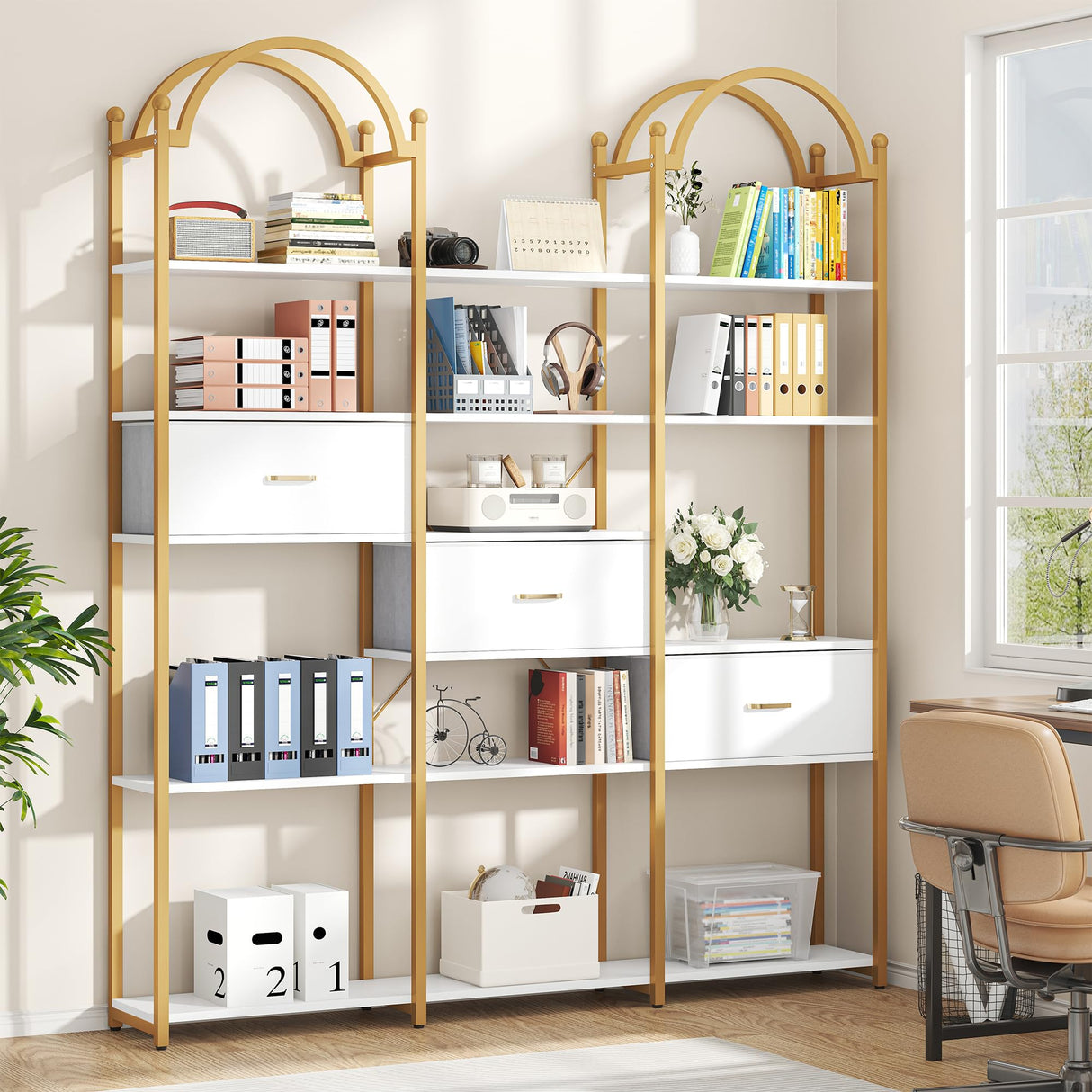 Semoic 83.5" Tall Arched Bookshelf, Triple Wide 6-Tier Large Open Book Shelf with 3 Drawers Storage, Etagere Bookcase with Display Shelf, Industrial Bookshelf with Metal Frame for Living Room, Gold Semoic
