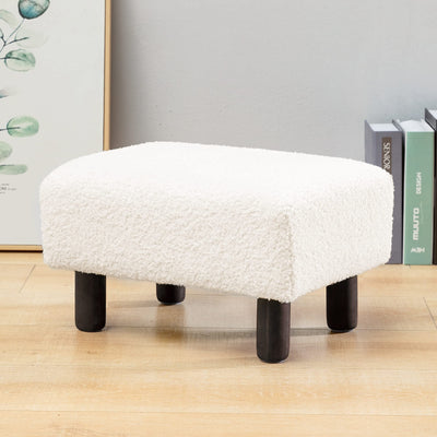Small Beige Fur Padded Foot Stool, Storage Ottoman Foot Rest with Wooden Legs, 9.5Inch, Modern Rectangle Chair Foot Rest Foot Step Stool for Living Room, Couch, Desk