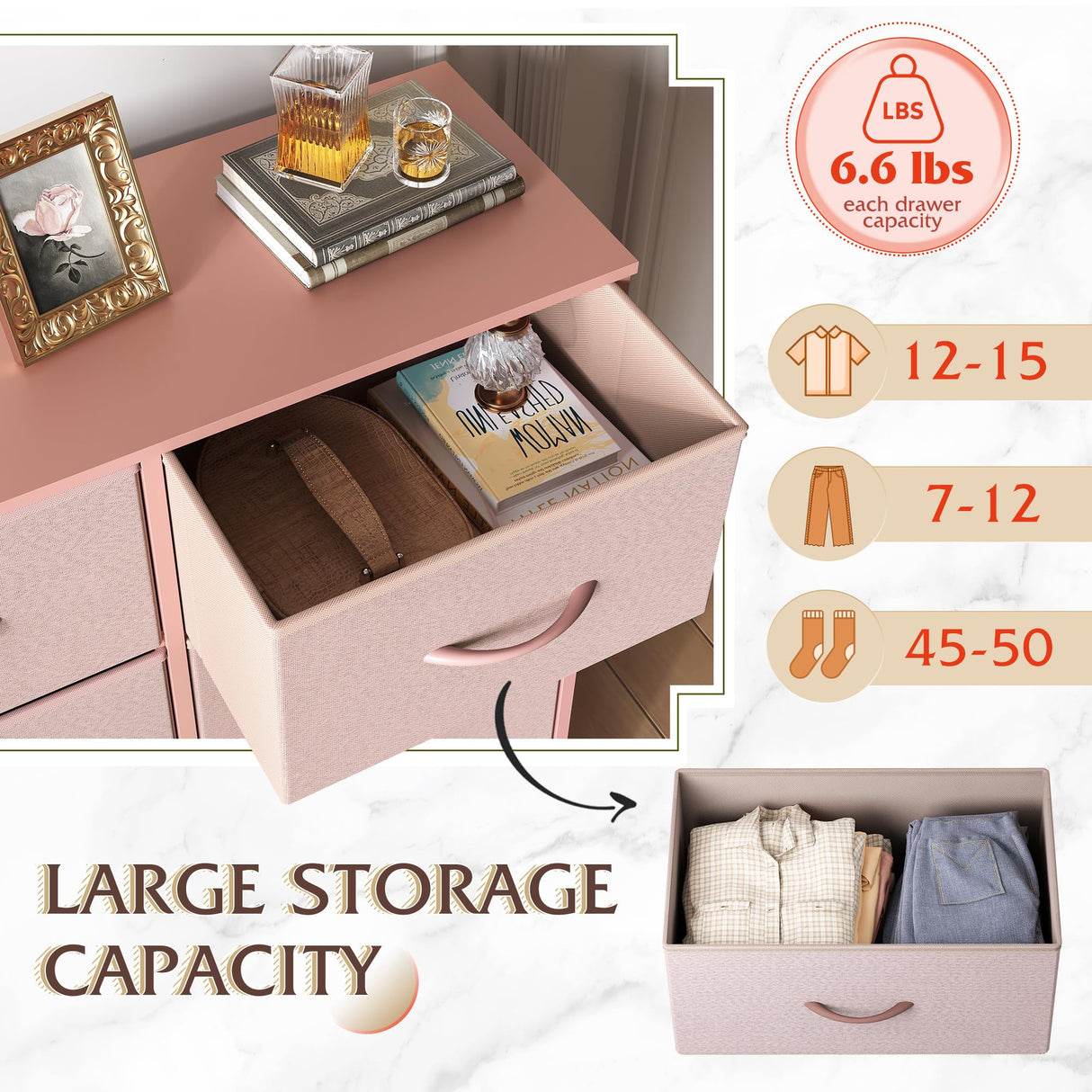 WLIVE Fabric Dresser for Bedroom, Tall Dresser with 8 Drawers, Storage Tower with Fabric Bins, Double Dresser, Chest of Drawers for Closet, Playroom, Dormitory, Pink and Rose Gold WLIVE