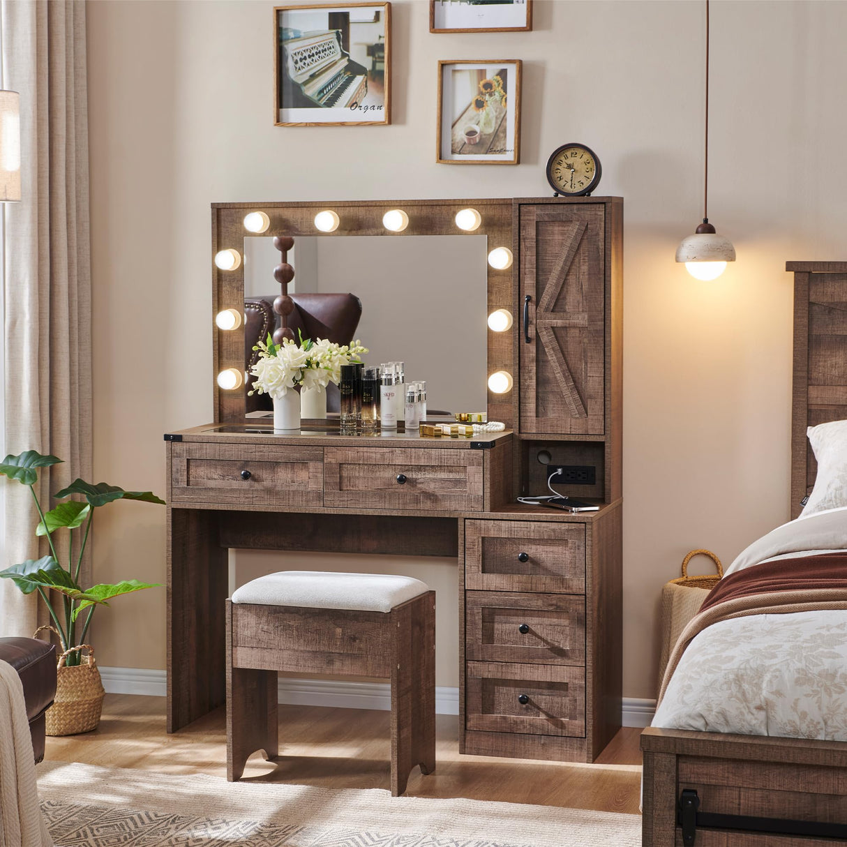 ACCOHOHO Farmhouse Vanity Desk with Mirror and Lights, 43" Wide Makeup Vanity with Glass Tabletop and Charging Station, Modern Vanity Table Set with Storage and Stool for Bedroom, Light Brown ACCOHOHO