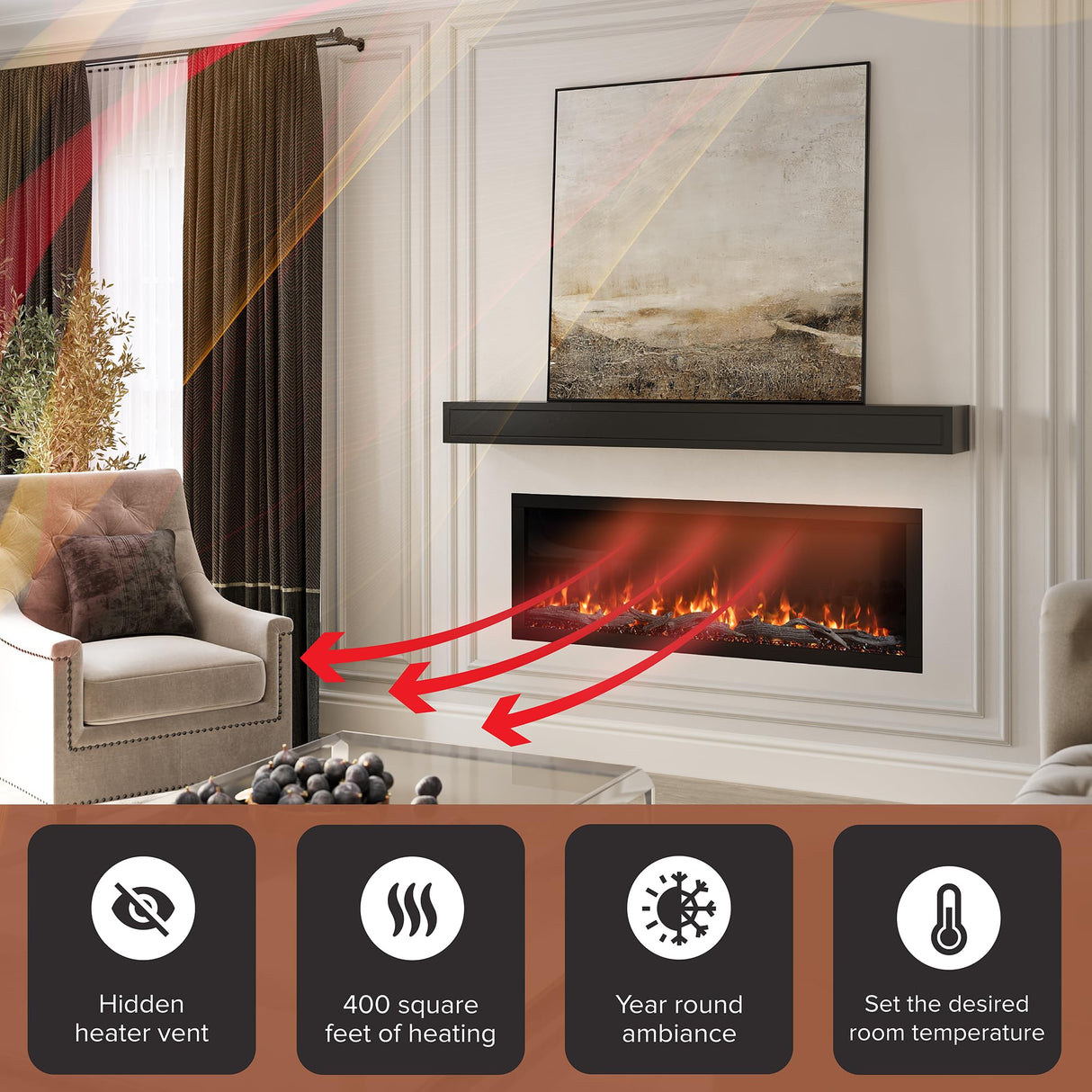 Modern Ember Highmark 72 Inch Smart Linear Electric Fireplace - Premium Flame with 10 Colors, Sleek Hidden Vent Design, Install Recessed in-Wall or Wall-Mount, WiFi and Voice-Enabled Modern Ember