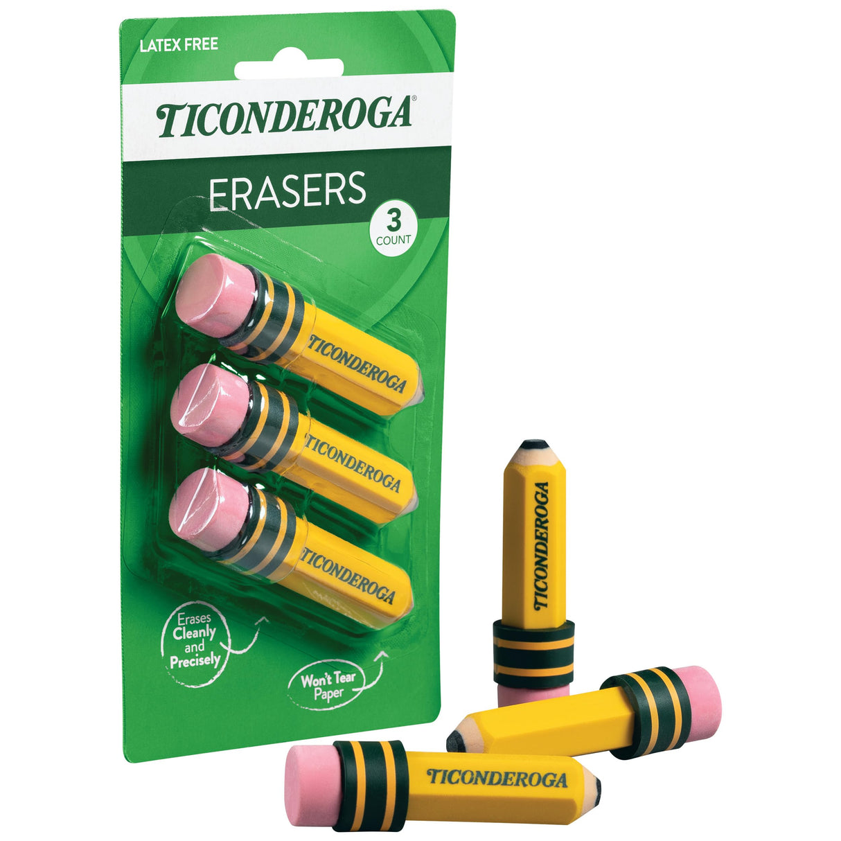 TICONDEROGA Erasers, Pencil Shaped, Latex-Free, Yellow, 3-Pack (38953) Ticonderoga