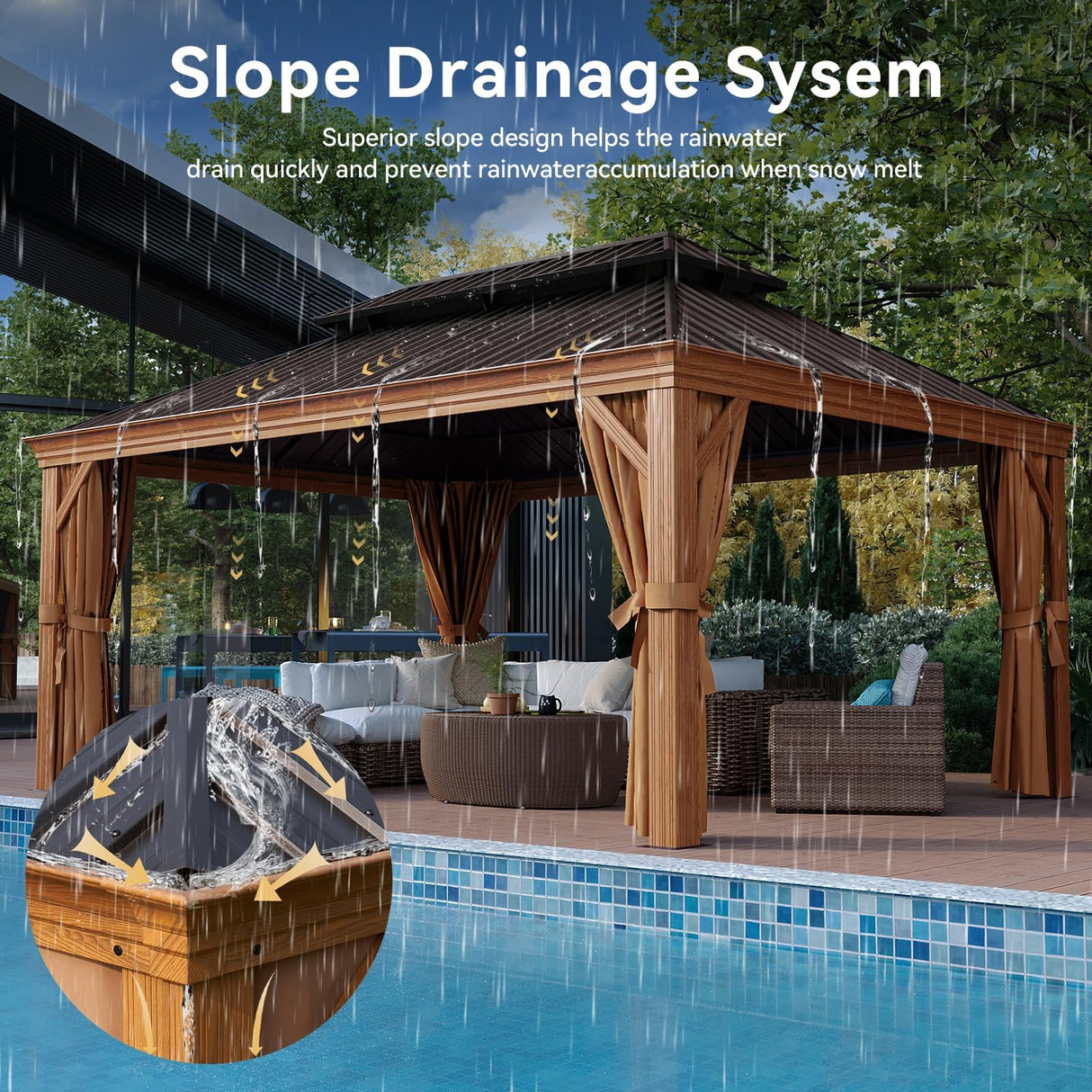 Aoxun Hardtop Gazebo, 12 x 16ft Wooden Finish Coated Aluminum Frame Canopy, Galvanized Steel Double Top, Outdoor Permanent Metal Pavilion with Curtains and Netting, for Backyard, Patio and Deck Aoxun