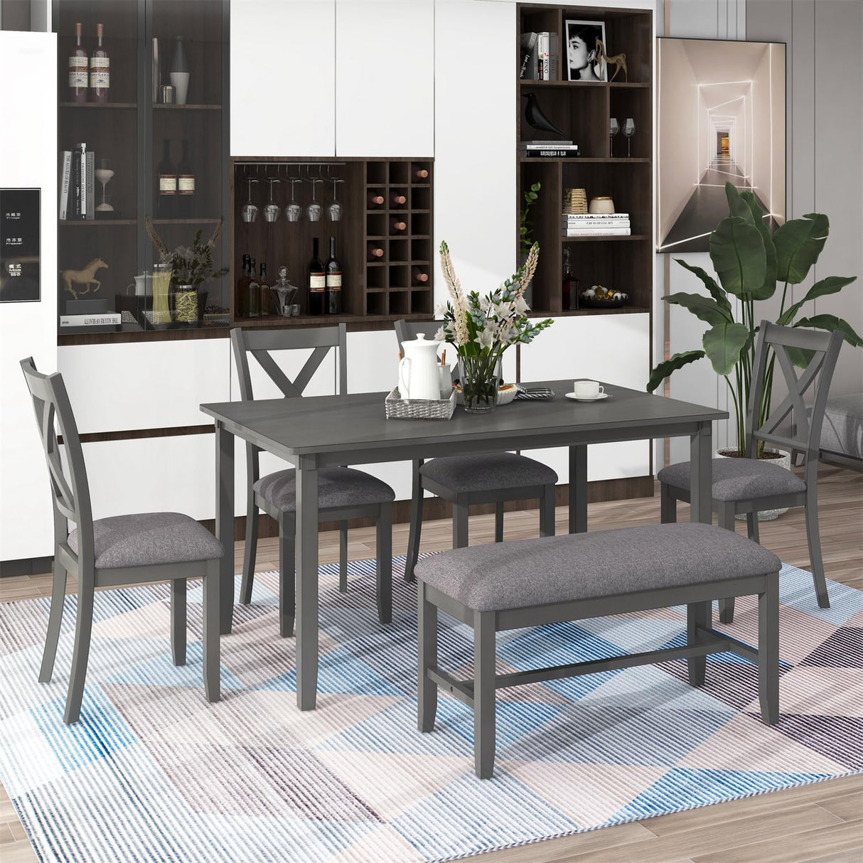 Harper & Bright Designs 6 Piece Wooden Dining Table Set with Upholstered Bench and 4 Dining Chairs, Kitchen Table Set Family Furniture for 6 People (Grey) Harper & Bright Designs