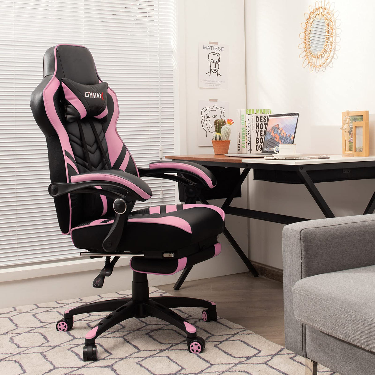 GYMAX Gaming Chair, Ergonomic Computer Chair with Footrest, Linkage Armrests & Lumbar Cushion, Big Wide High Back Video Gaming Chair, Reclining Office Rolling Chair for Adult/Teens (Pink) GYMAX
