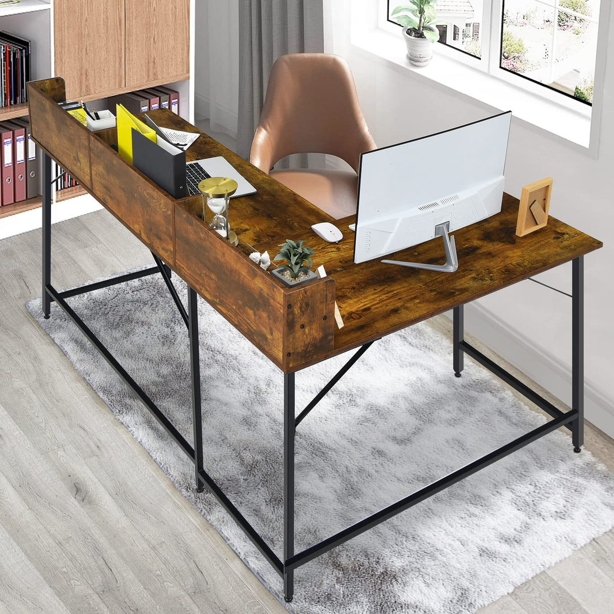 COSTWAY L-shaped Computer Desk with Hutch, Space-saving Corner Computer Desk with File Rack & 2 Shelves, 66.5” Industrial Table with Heavy-duty Steel Frame, for Home Office Study Room (Rustic Brown) COSTWAY