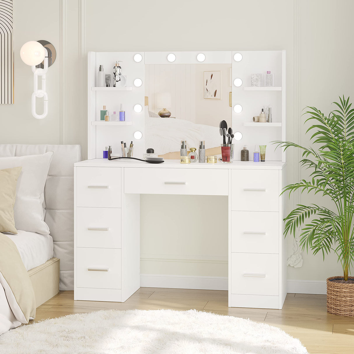 Irontar Vanity Desk, Makeup Vanity with 10 LED Lights & 7 Metal Sliding Drawers, Brightness Adjustable, Vanity Table with 6 Open Shelves, Makeup Table for Women, White WDT005W Irontar