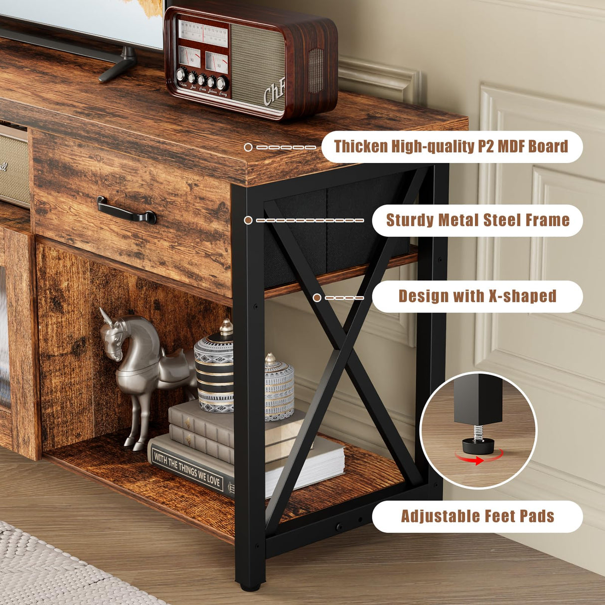 ALLSTAND 71 Inches Tall TV Stand for 75 80 Inch TV, Entertainment Center with Fabric Drawers & Cabinets, Industrial Gaming Console Table with Soundbar Shelf for Living Room, Bedroom, Rustic Brown ALLSTAND