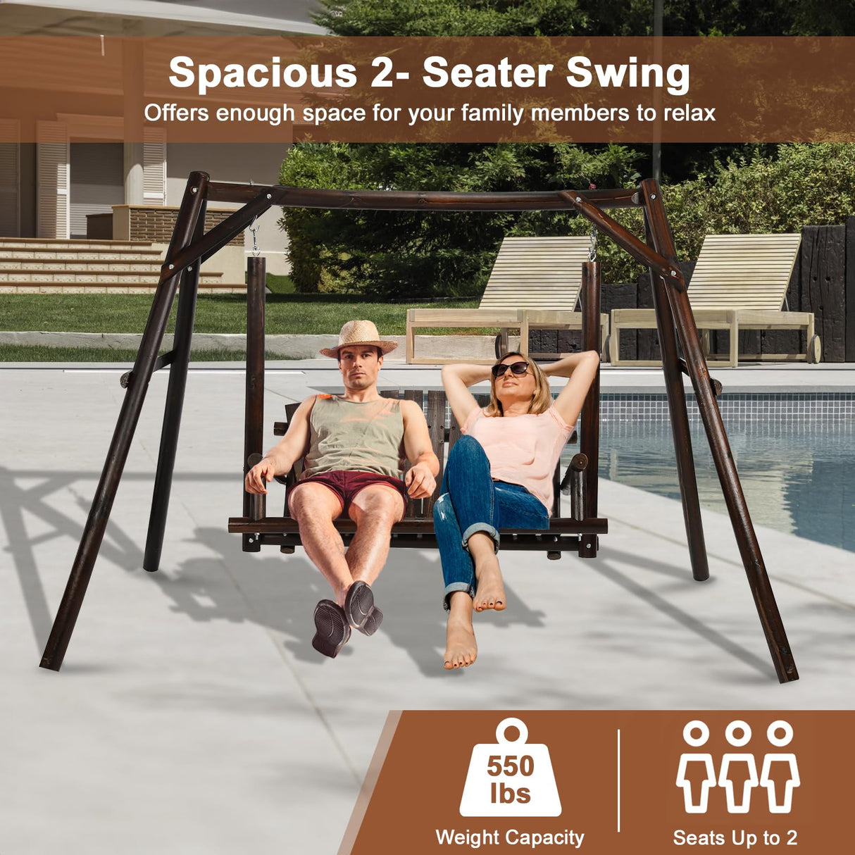 HOMEDIARY Wooden 2-Seat Porch Swing with A-Frame Stand, Outdoor Patio Swing Chair Bench w/Slatted Design, Outside Swing Bench w/550lbs High Capacity for Garden Patio Backyard Porch, Carbonized HOMEDIARY