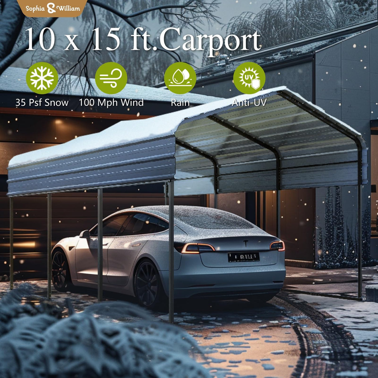 Carport Car Port Metal Canopy 10x15 ft Heavy Duty for Snow, Portable Garage Kit Shed Tent Shelter Metal Frame All Weather Outdoor for Boat with Removable Sidewalls, Dark Grey, Sophia & William Sophia & William