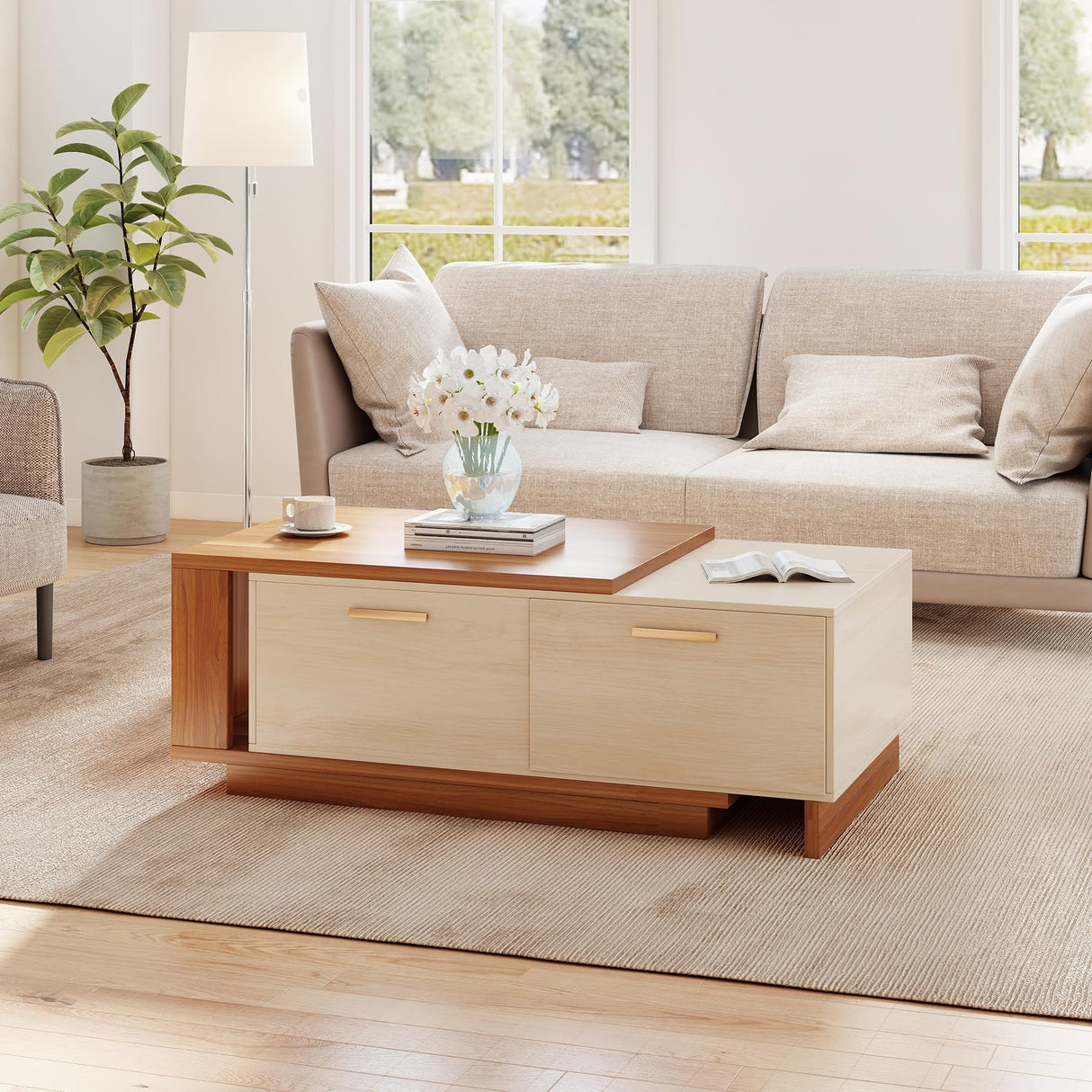 Aivermeil 42"- 65" Extendable Coffee Table with Storage, Reversible Wood Coffee Table with 2 Drawers, Two-Tone Large Adjustable Center Table for Living Room, Office (Walnut B) Aivermeil