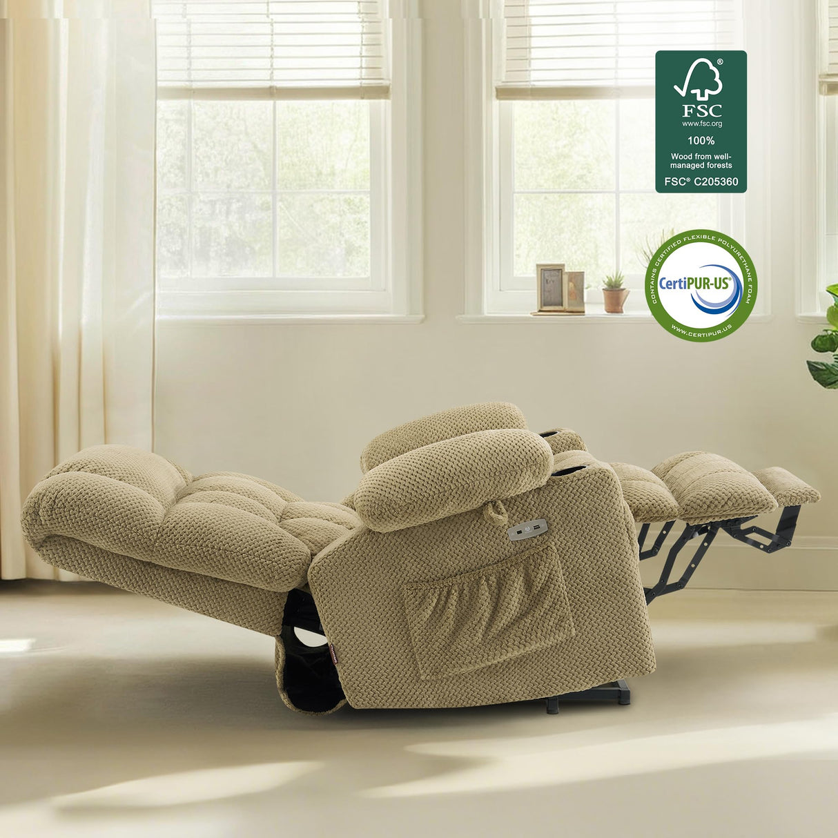 MCombo Dual Motor Large Power Lift Recliner Chair for Elderly, Lay Flat Lift Chair with Heat and Massage, Big Lift Recliner for Tall People, Cup Holders, Fabric 7896 (Beige, Large) MCombo