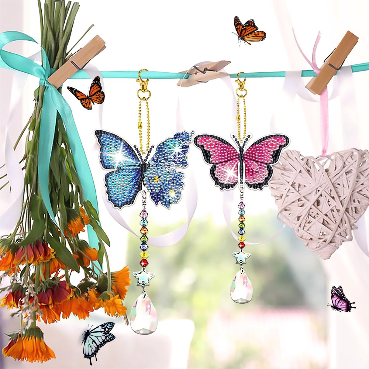 JeCuiK 6 Pcs Diamond Painting Butterfly Wind Chimes Kits 5D DIY Crystal Diamonds Painting Suncatcher Christmas Ornament Double Sided Diamond Art Keychains Pendant Best Gifts for Mom JeCuiK