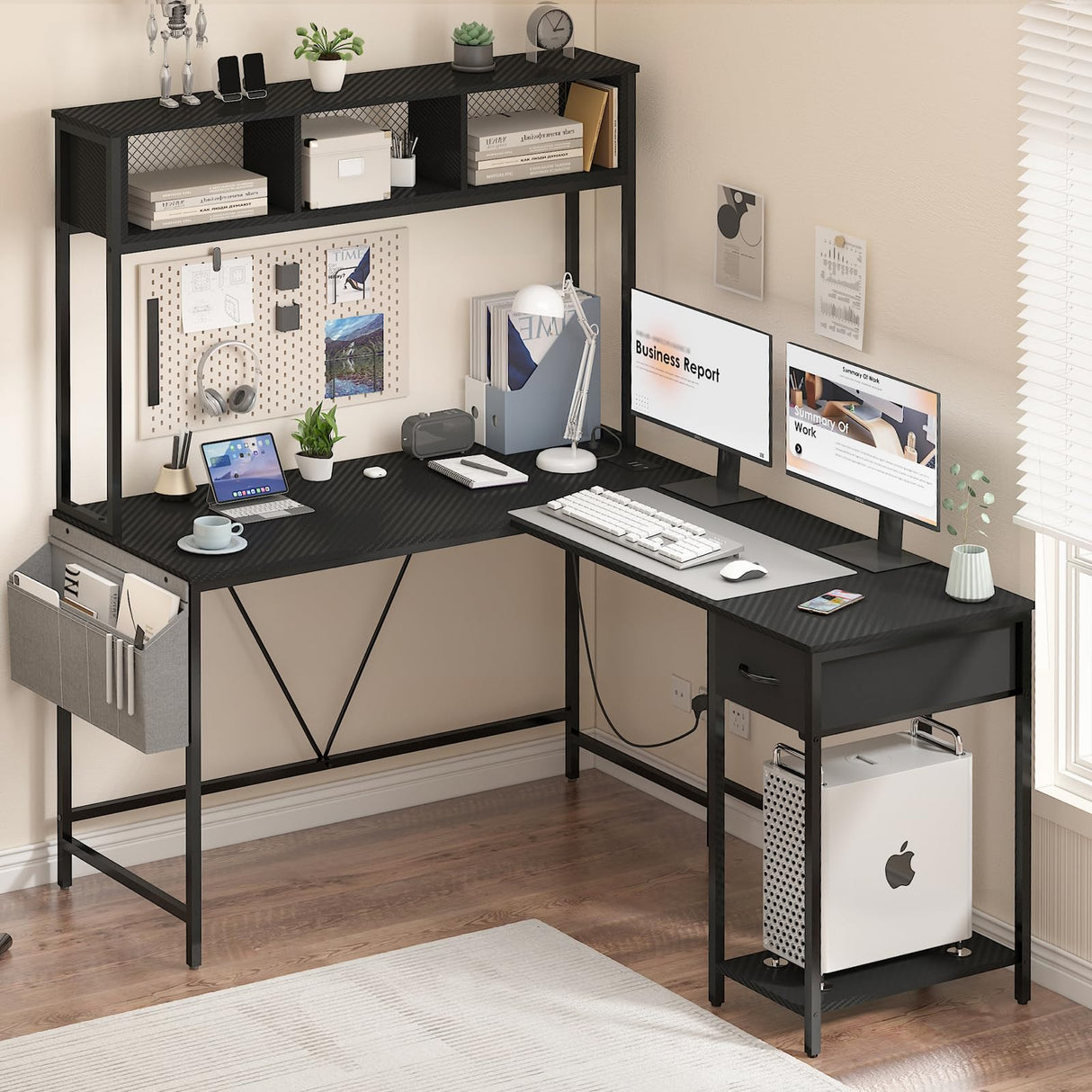 Yoobure L Shaped Desk Gaming Desk with LED Strip & Power Outlet, Reversible L-Shaped Computer Desk with Drawer, Corner Desk with Storage Shelf, 2 Person Home Office Desk, Carbon Fiber Black Yoobure