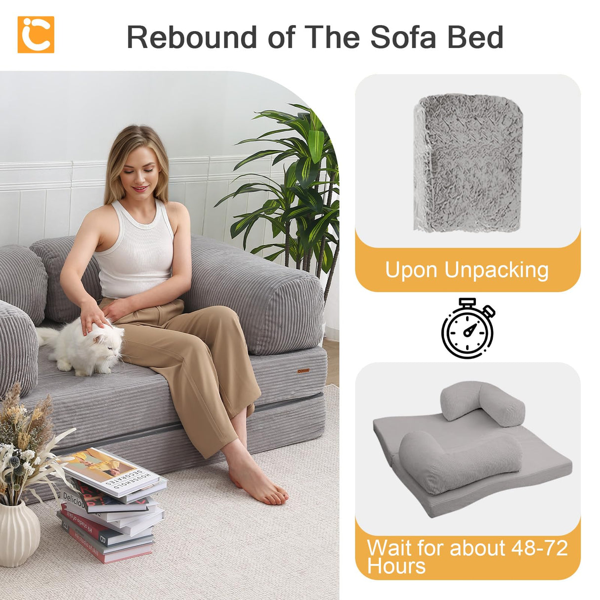 COMAX Folding Sofa Bed Queen, 4-in-1 Foldable Floor Couch Convertible Futon Sofa with Armrests Sleeper Mattress Chair Bed Comfy Portable Fold Out Lounge Guest for Living Room Bedroom, Light Grey COMAX