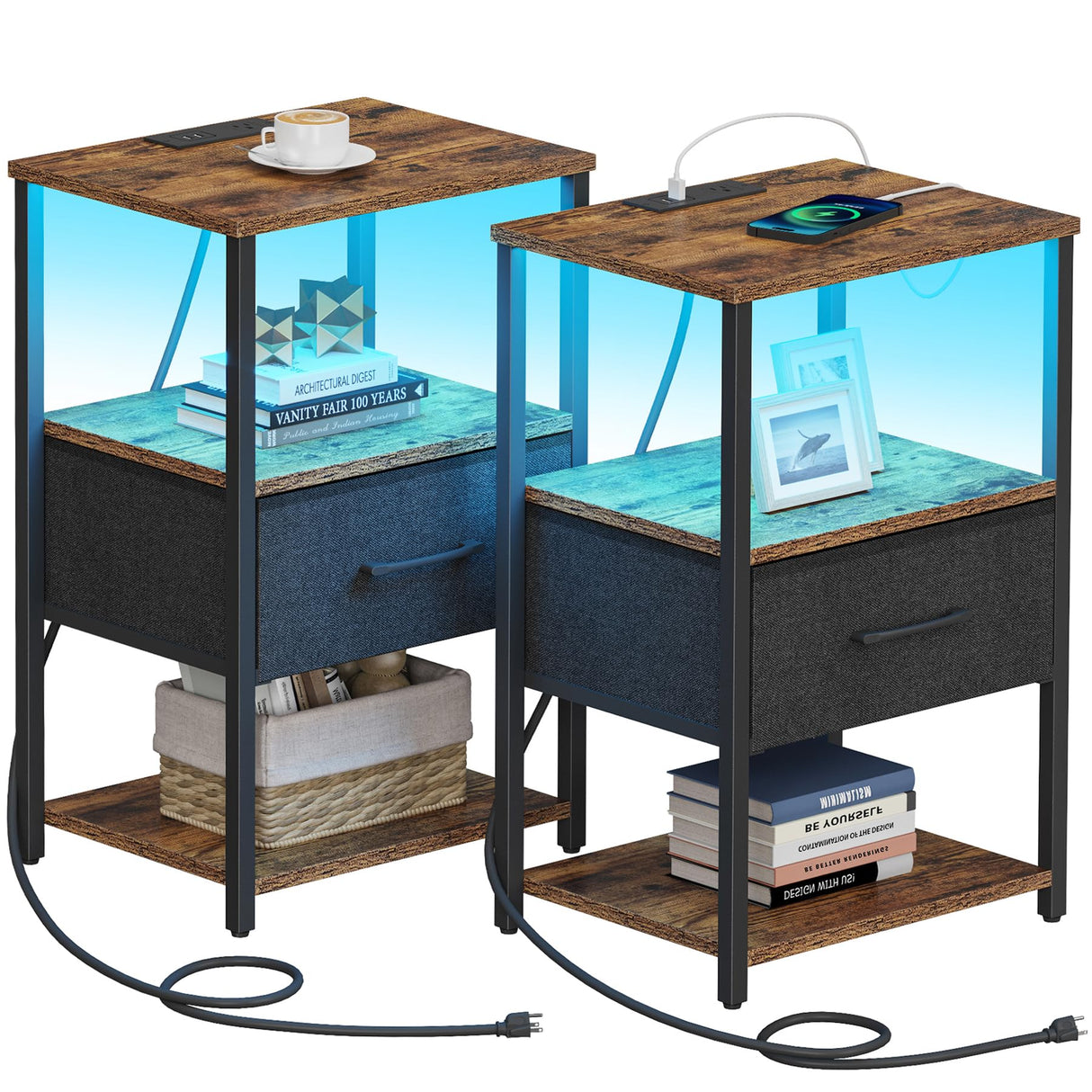 TUTOTAK LED End Table, Side Table with Charging Station, Nightstand Set of 2, Bedside Table with Fabric Drawer, Couch Table for Livingroom and Bedroom, Brown TB01BB0692L TUTOTAK