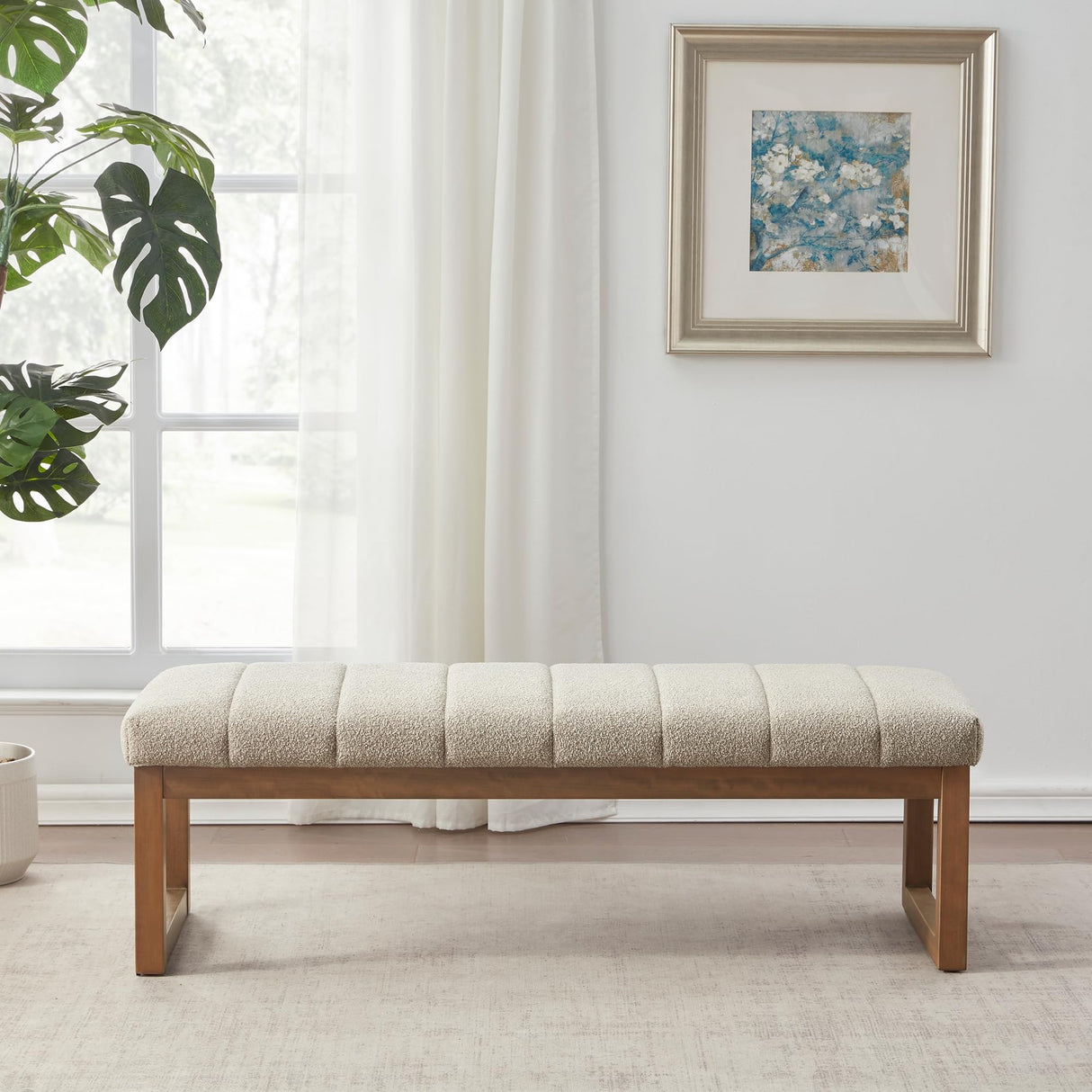 Zihanhome 52.7" Bedroom Bench for End of Bed, Modern Upholstered Teddy Fabric Entryway Bench & Dining Bench, Footrest Stool Bench with Solid Wood Frame for Bedroom, Living Room (Camel) Zihanhome