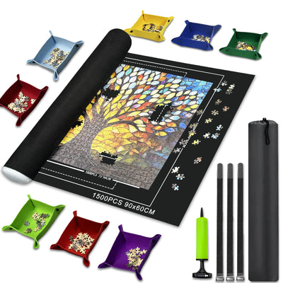 Napzy Puzzle Mat-Jigsaw Puzzles Matt Roll Up to 1500pcs Roll-up Puzzled Board Puzzling Organizers and Storage with 8PCS Jigsaws Sorting Trays, Drawstring Storages Bag Portable Jigsawn Keeper Saver