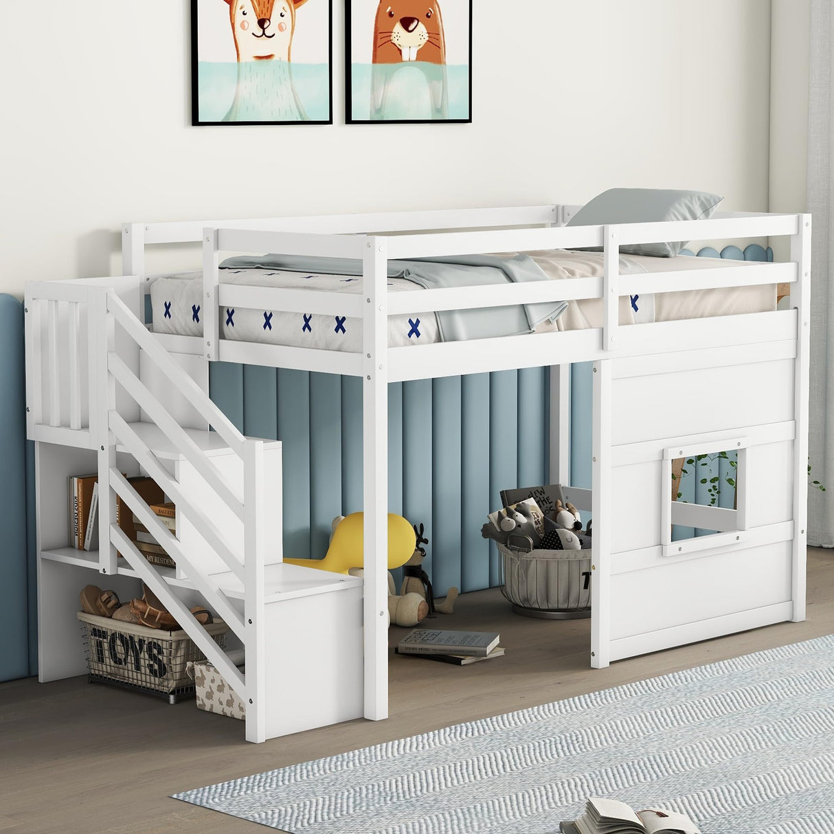 Harper & Bright Designs Twin Size Low Loft Bed with Playhouse and Storage Stairs in White Harper & Bright Designs