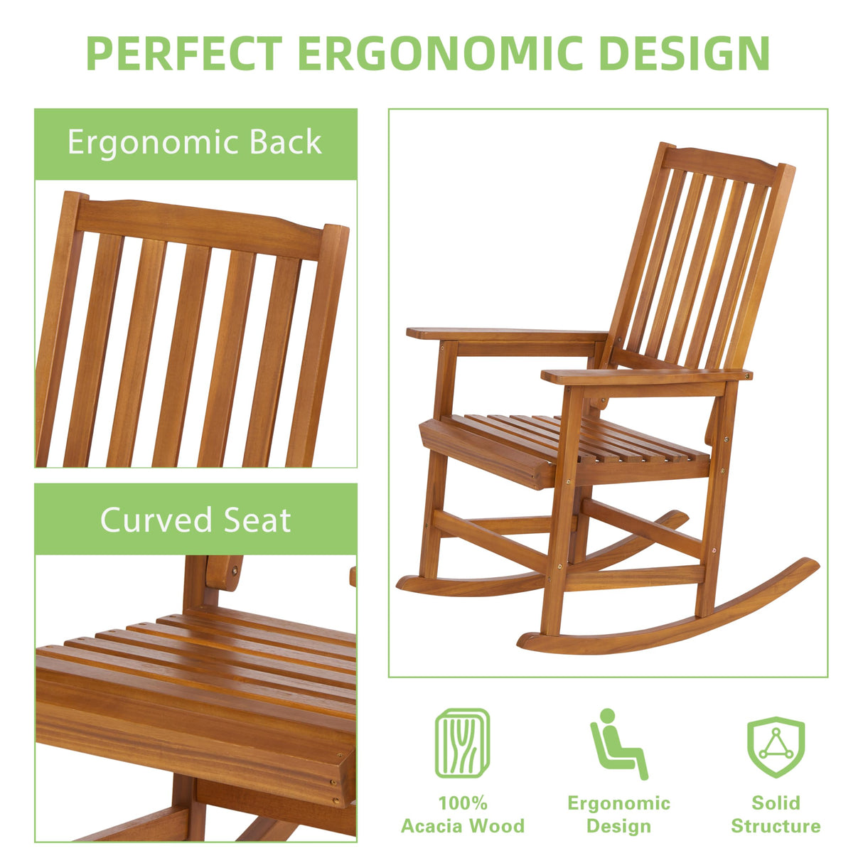 Mederlo Acacia Wood Outdoor Rocking Chiar, Patio Rocker for Front Porch, Deck, Indoor Mederlo